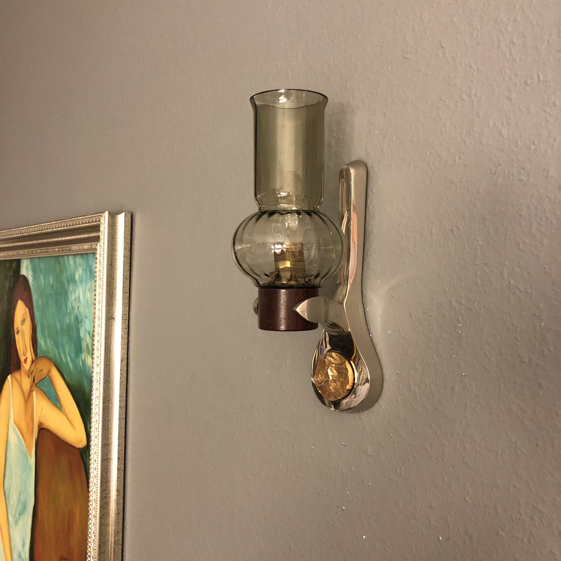 Pair of wall sconces Space Age, chrome, smoked glass, rosewood, Germany, 1970s. - 23237