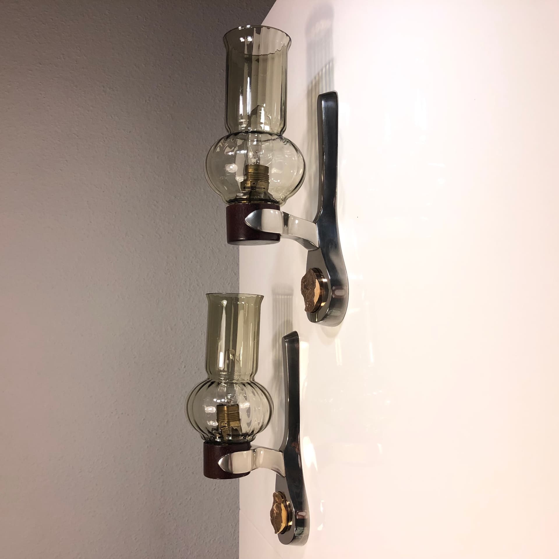 Pair of wall sconces Space Age, chrome, smoked glass, rosewood, Germany, 1970s. - 23236