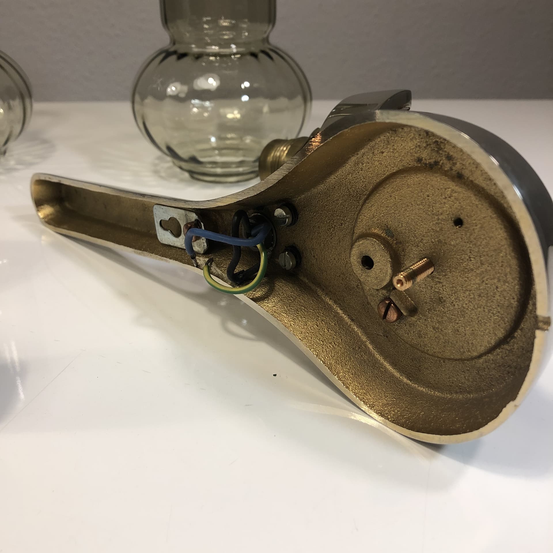 Pair of wall sconces Space Age, chrome, smoked glass, rosewood, Germany, 1970s. - 23240