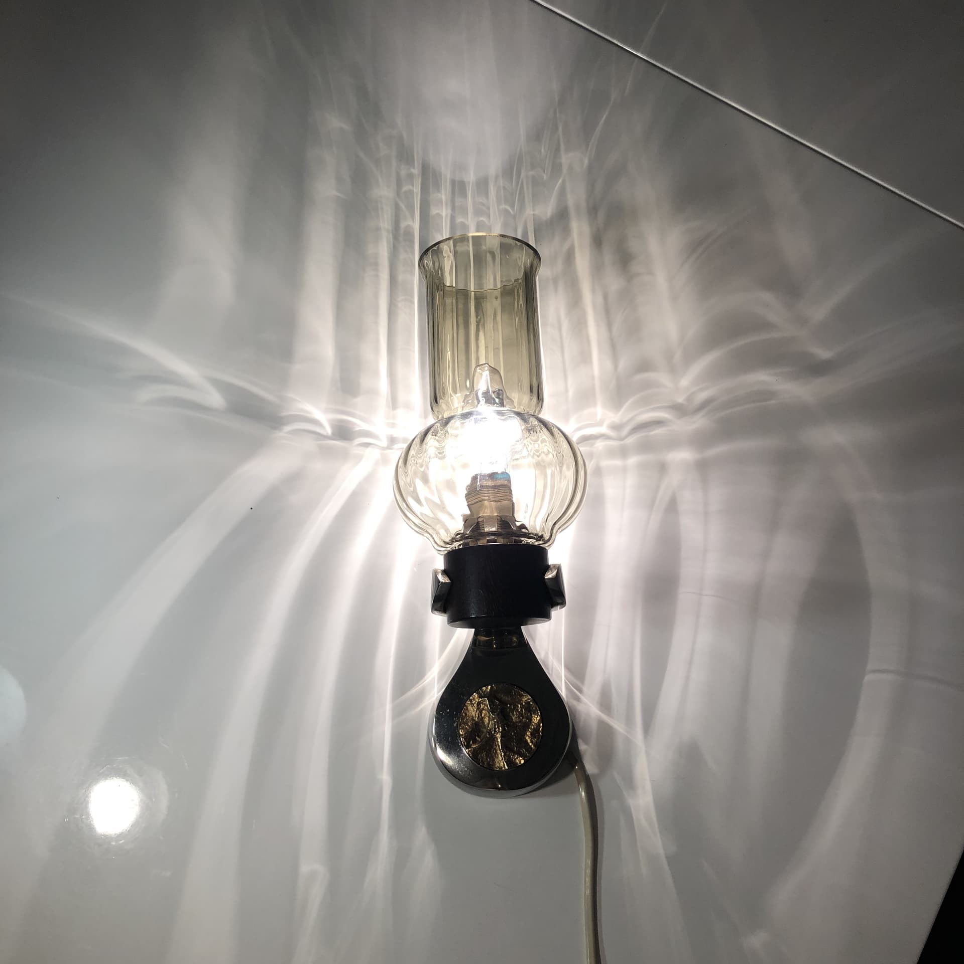 Pair of wall sconces Space Age, chrome, smoked glass, rosewood, Germany, 1970s. - 23238