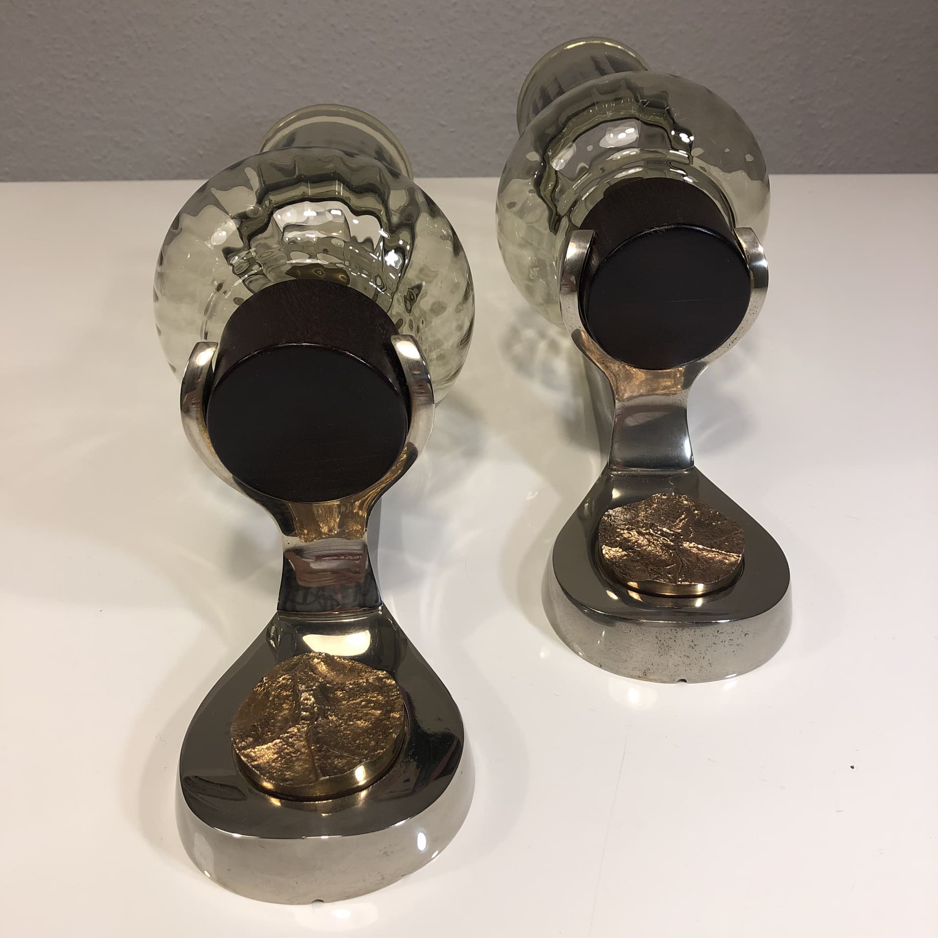 Pair of wall sconces Space Age, chrome, smoked glass, rosewood, Germany, 1970s. - 23241