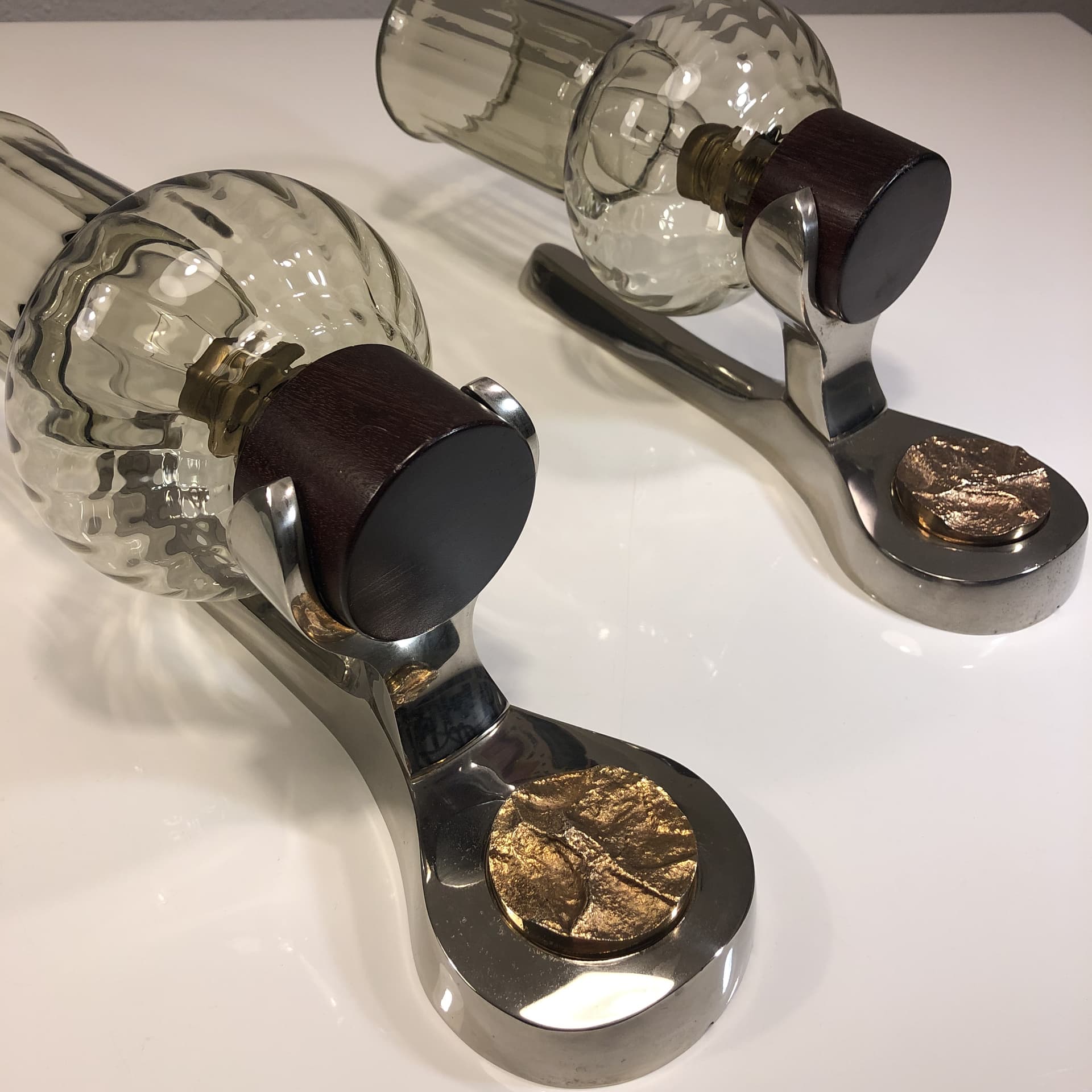 Pair of wall sconces Space Age, chrome, smoked glass, rosewood, Germany, 1970s. - 23239