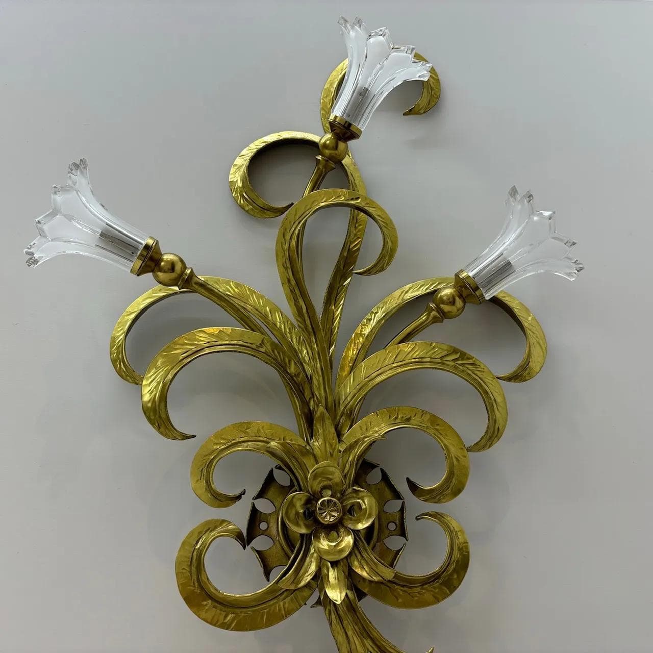 Floral wall sconce, golden, brass crystal, Christoph Palme, Germany, 1970s. - 23224
