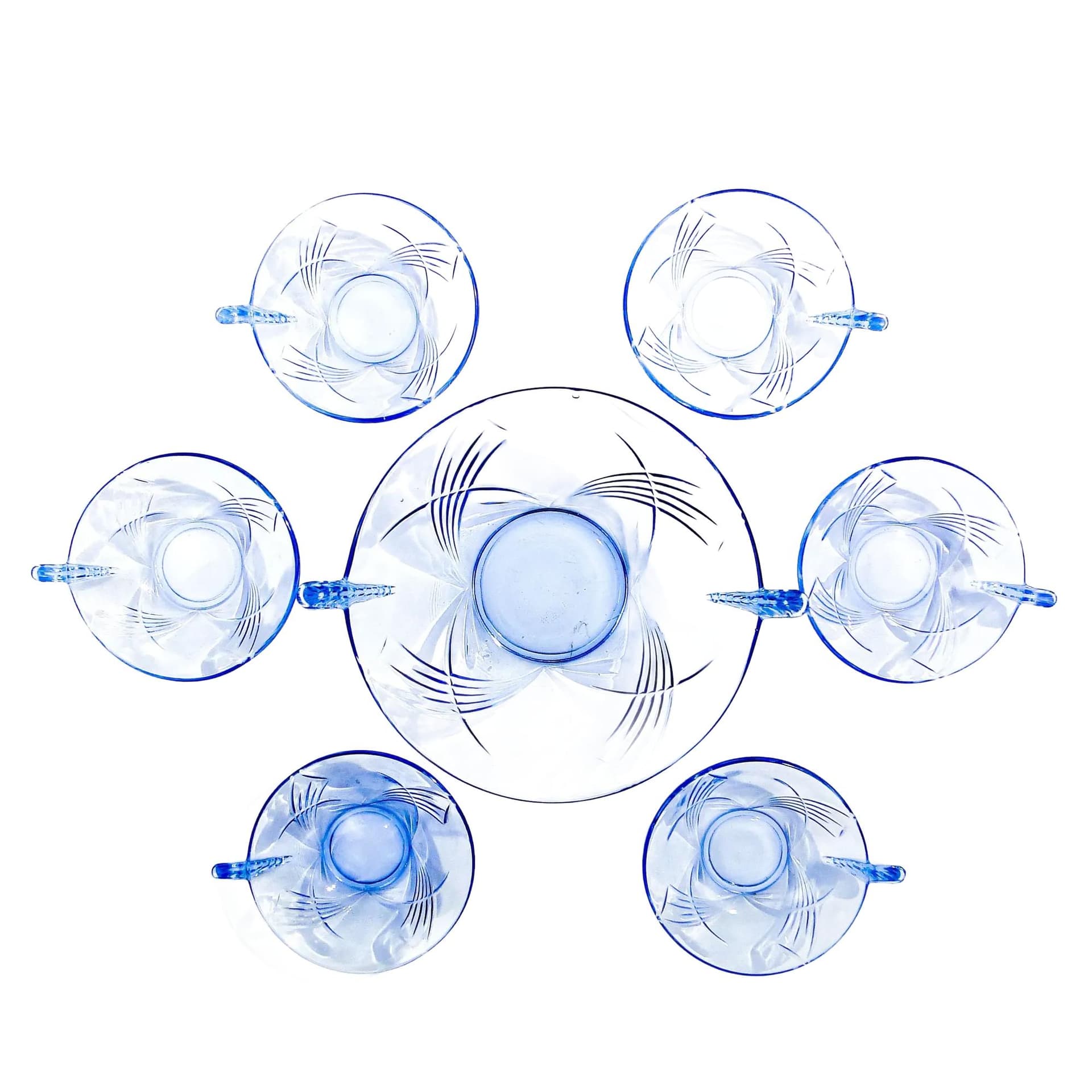 Art Deco Bowl Set, blue glass, Huta Niemen, Poland, 1930s