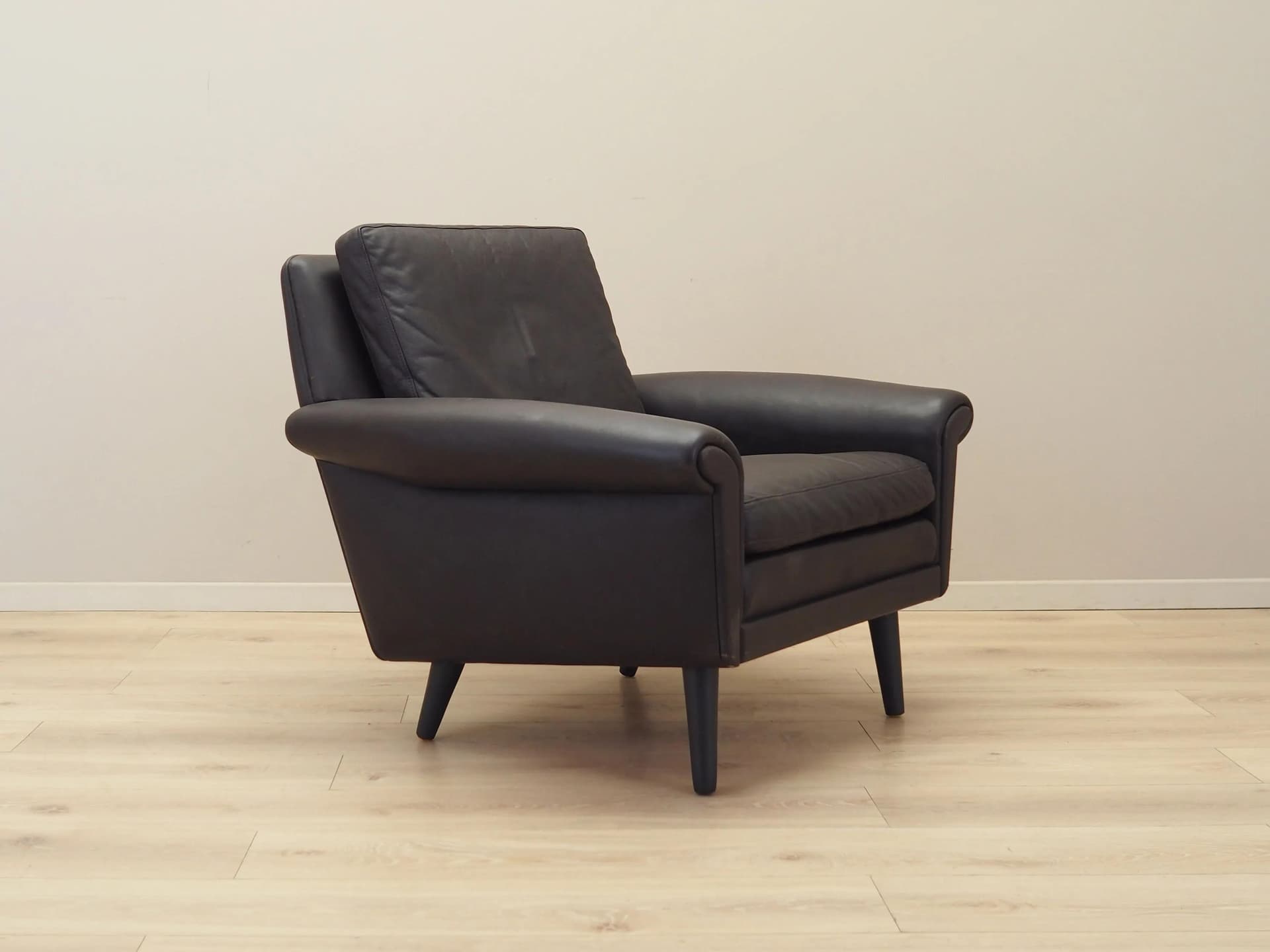 Armchair, brown leather, by A. Christiansen, Denmark, 1960s. - 23772