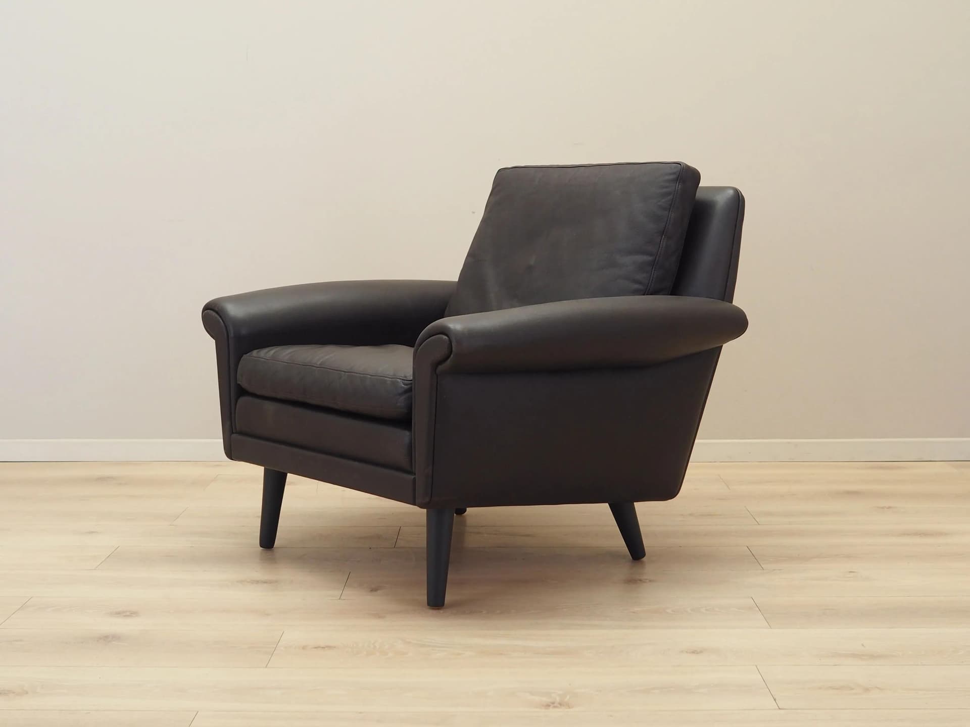 Armchair, brown leather, by A. Christiansen, Denmark, 1960s. - 23767