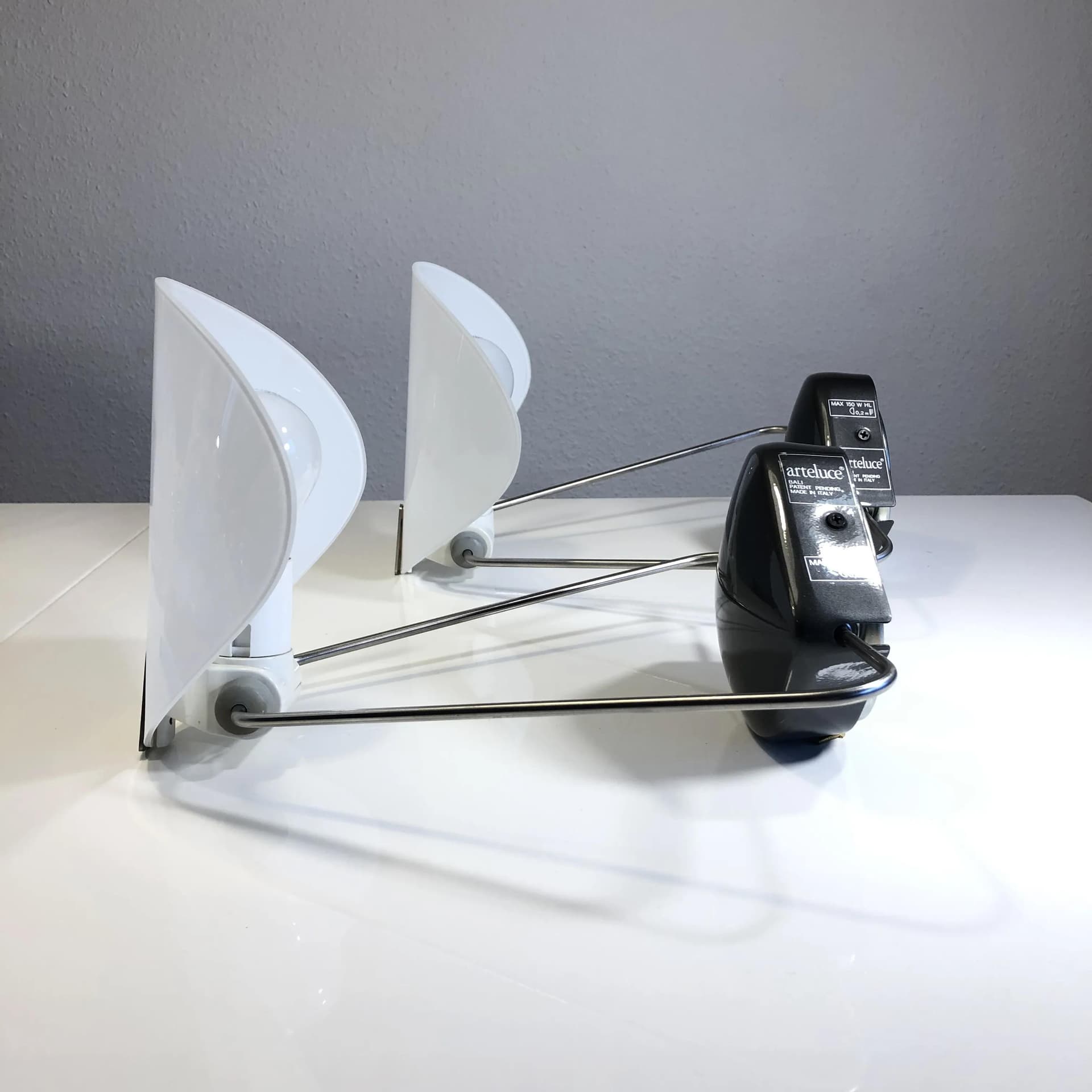 Pair of sconces Arteluce, black metal, opaline glass, by P. Rizzatto, Italy, 1970s. - 23524