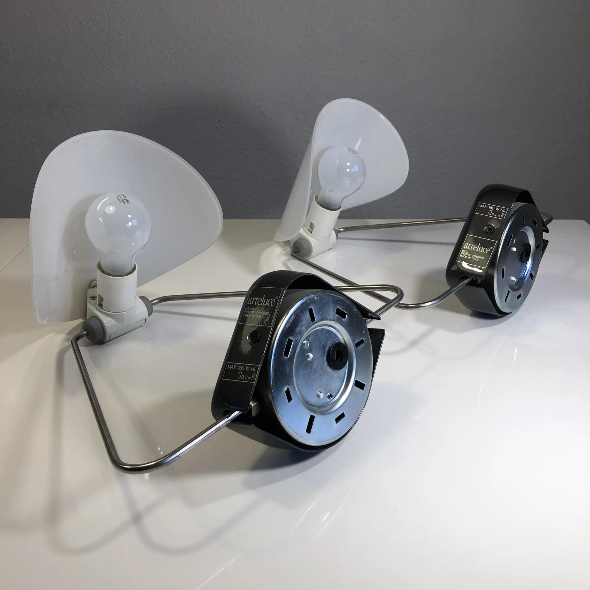 Pair of sconces Arteluce, black metal, opaline glass, by P. Rizzatto, Italy, 1970s. - 23528