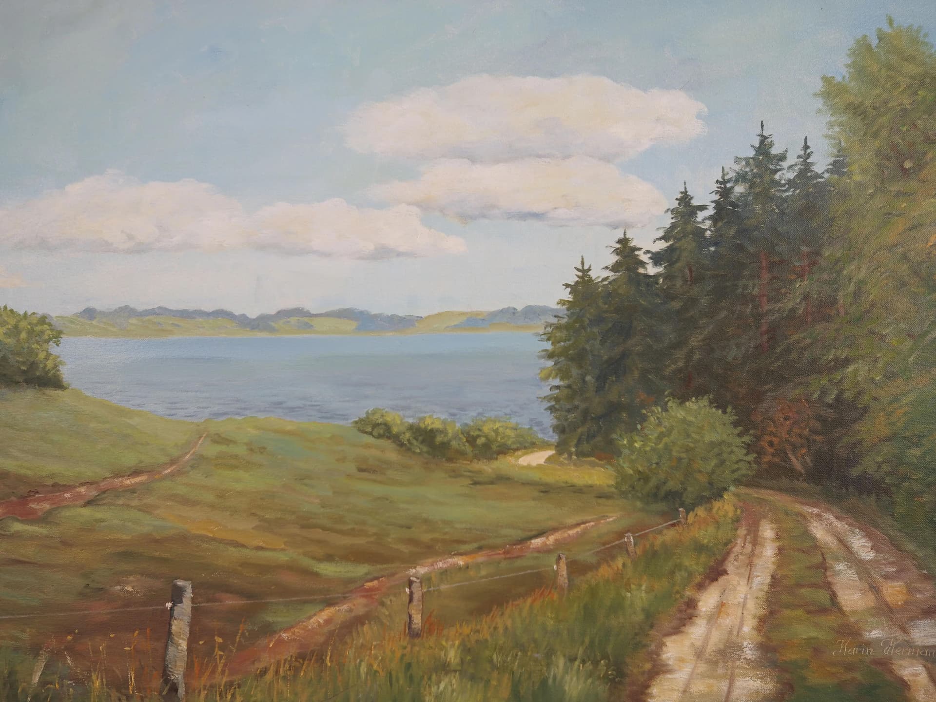 Painting Road to the Lake, grey, oil on canvas, wood frame, by K. Hermansen, Denmark, 1980s. - 23744
