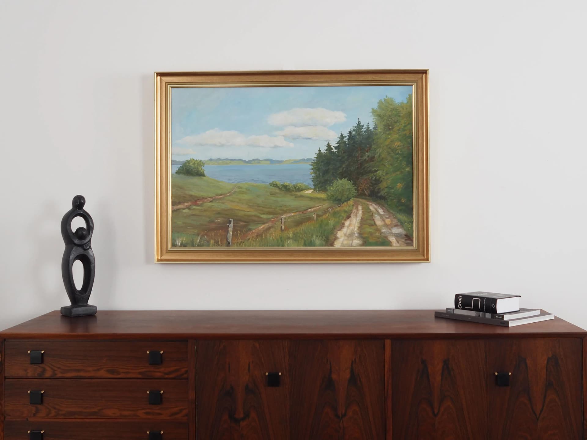 Painting Road to the Lake, grey, oil on canvas, wood frame, by K. Hermansen, Denmark, 1980s. - 23736