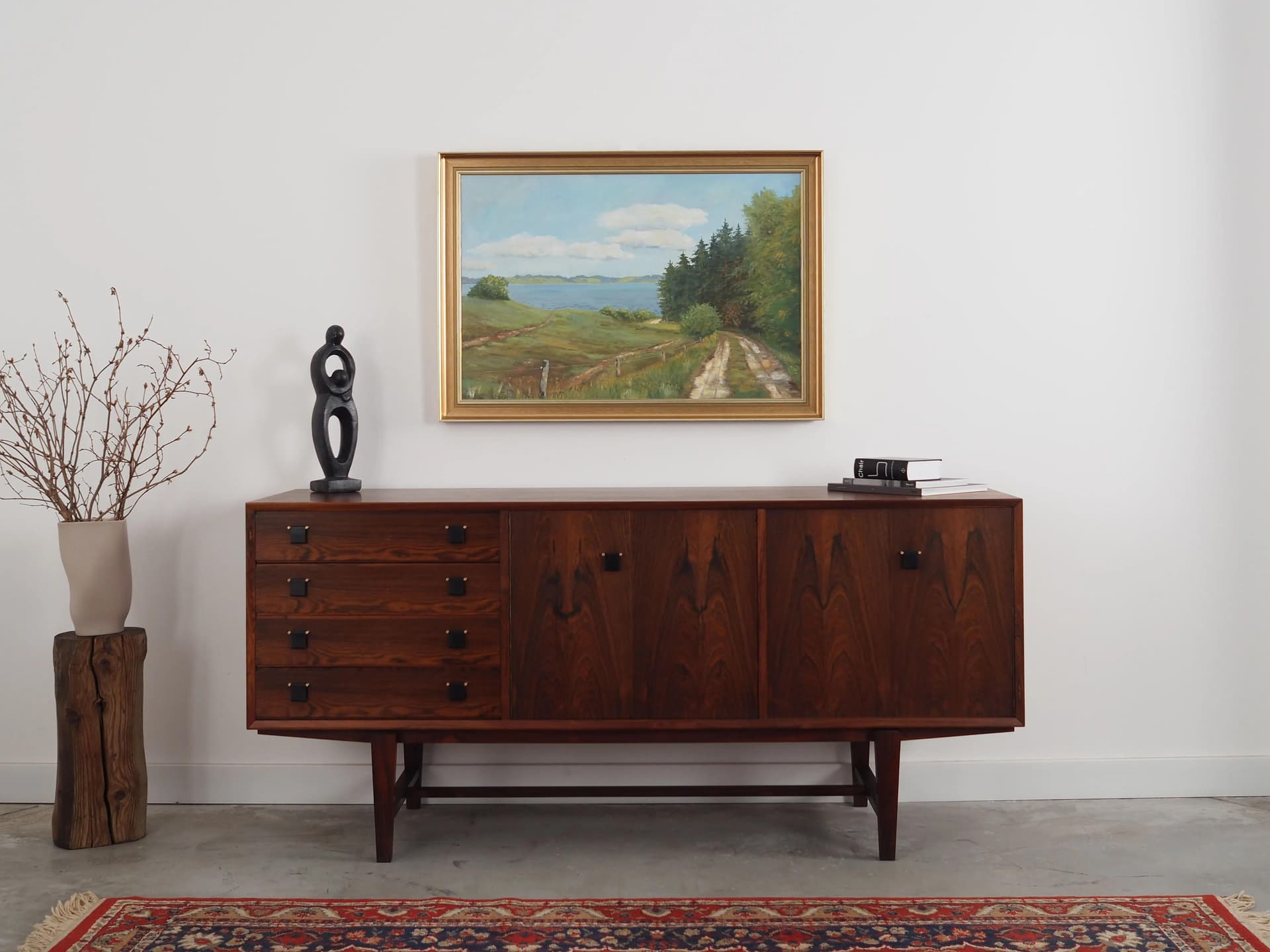 Painting Road to the Lake, grey, oil on canvas, wood frame, by K. Hermansen, Denmark, 1980s. - 23739