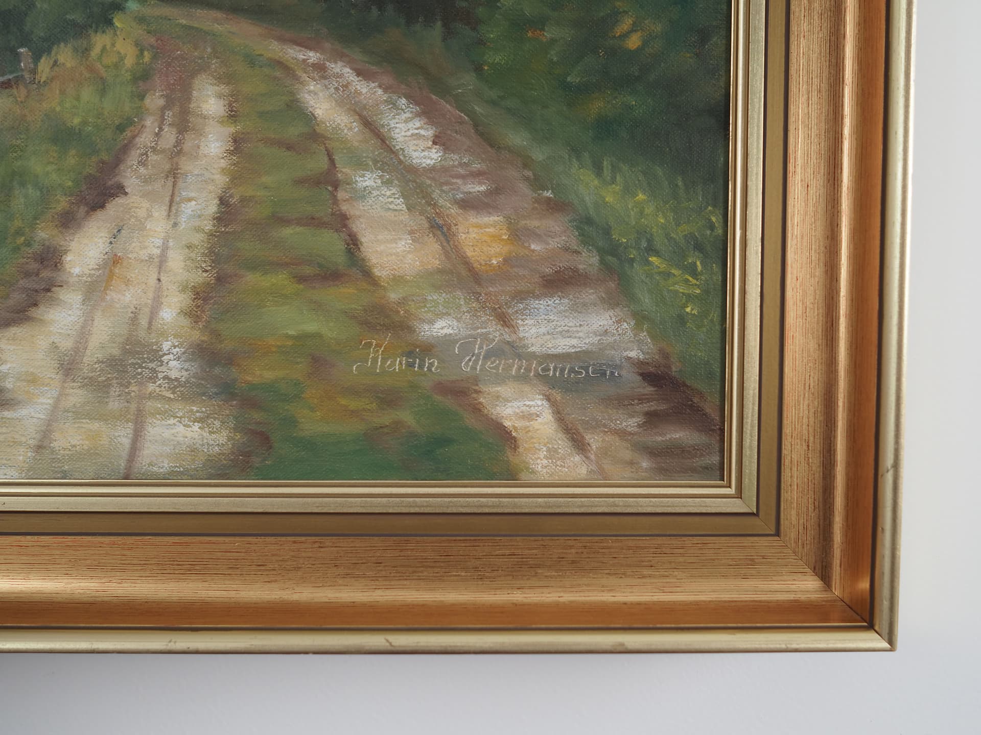 Painting Road to the Lake, grey, oil on canvas, wood frame, by K. Hermansen, Denmark, 1980s. - 66444