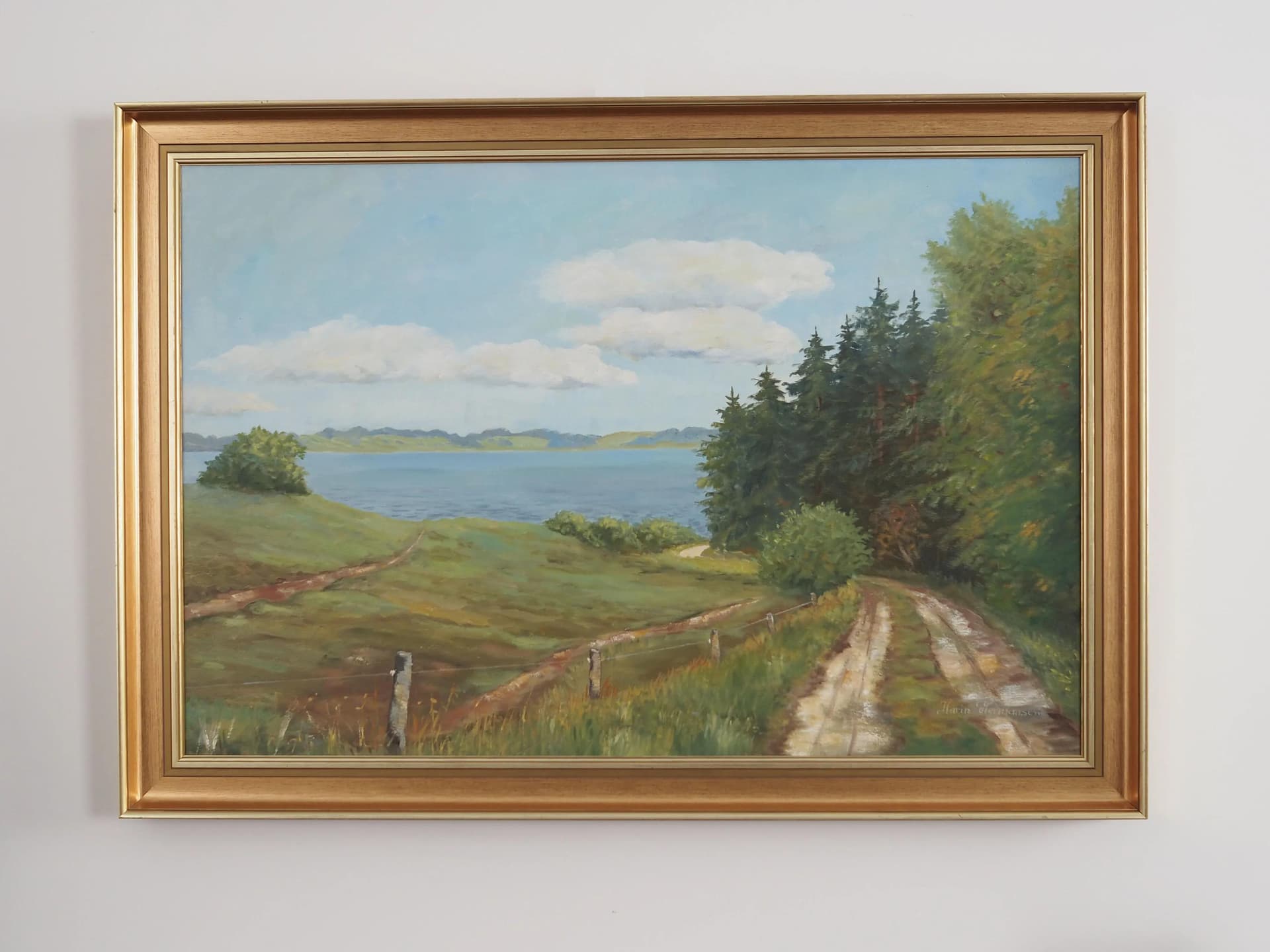 Painting Road to the Lake, grey, oil on canvas, wood frame, by K. Hermansen, Denmark, 1980s. - 23738