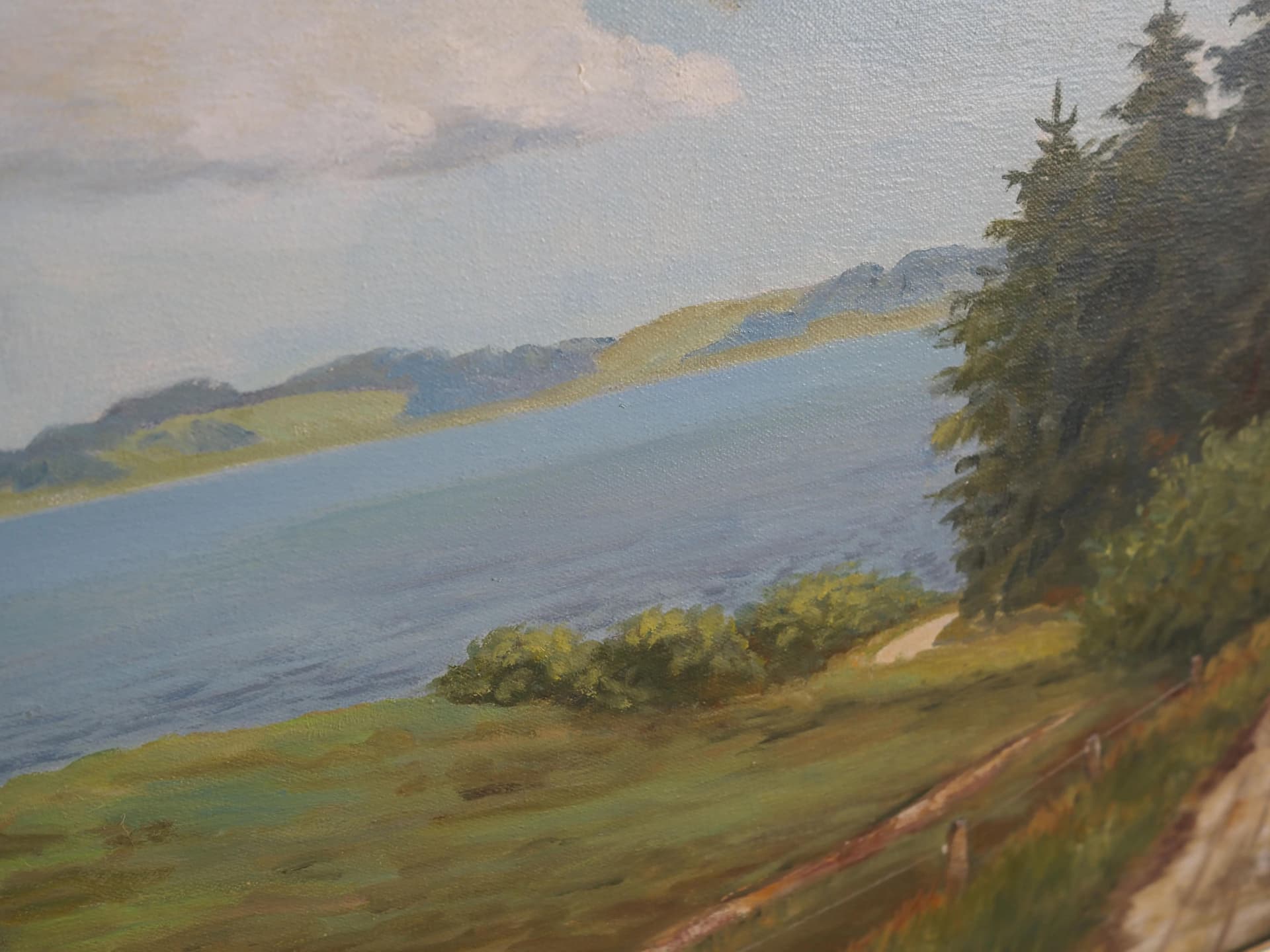 Painting Road to the Lake, grey, oil on canvas, wood frame, by K. Hermansen, Denmark, 1980s. - 23741