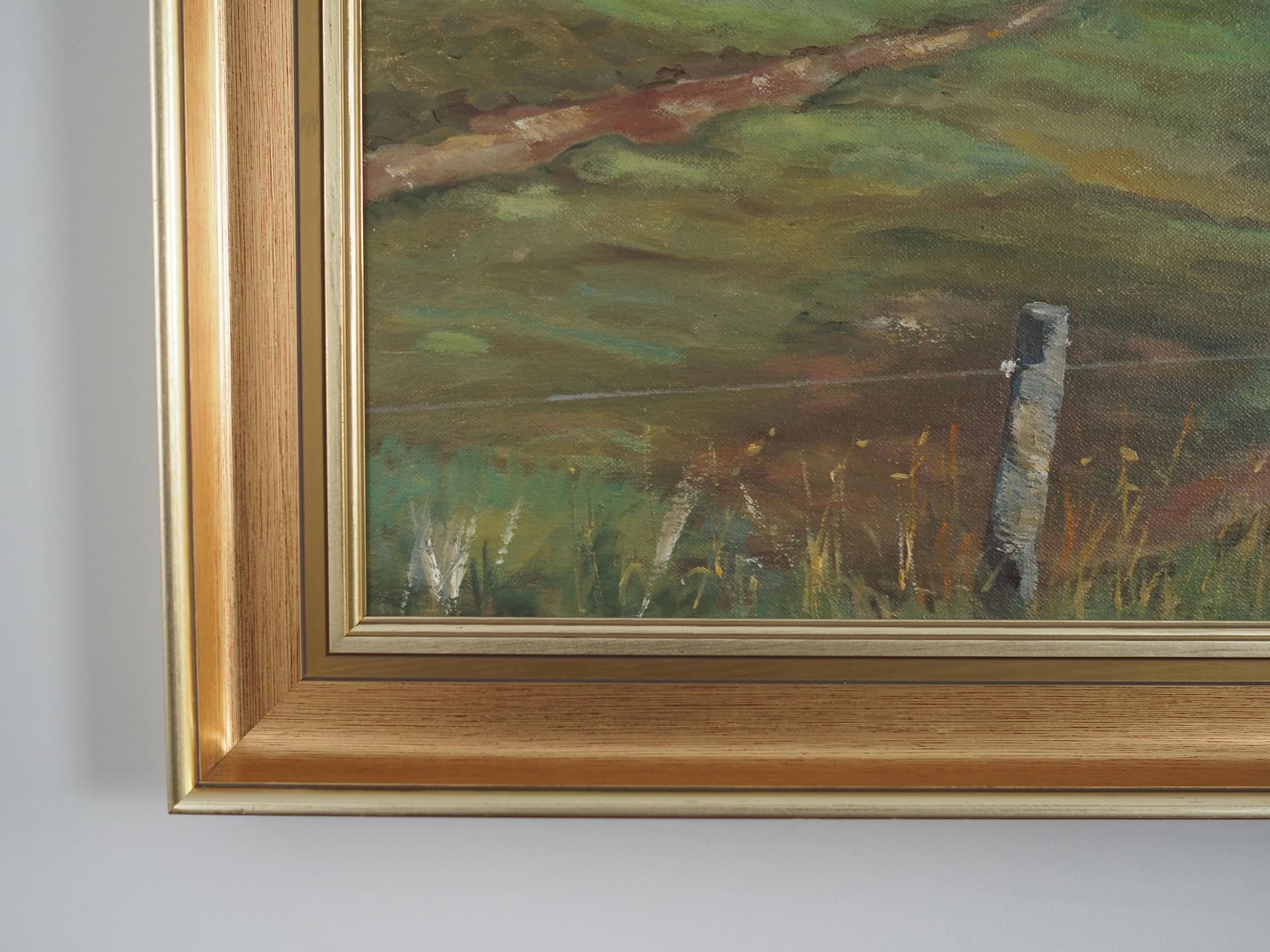 Painting Road to the Lake, grey, oil on canvas, wood frame, by K. Hermansen, Denmark, 1980s. - 23743