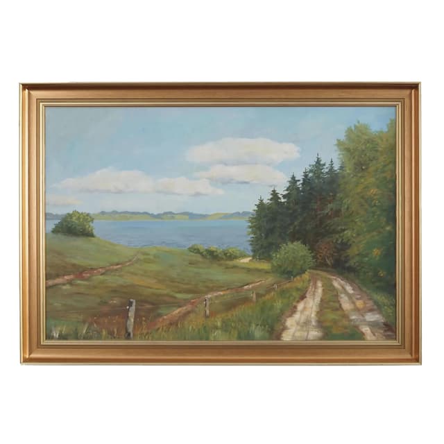 Painting Road to the Lake, grey, oil on canvas, wood frame, by K. Hermansen, Denmark, 1980s. - DIMENSION