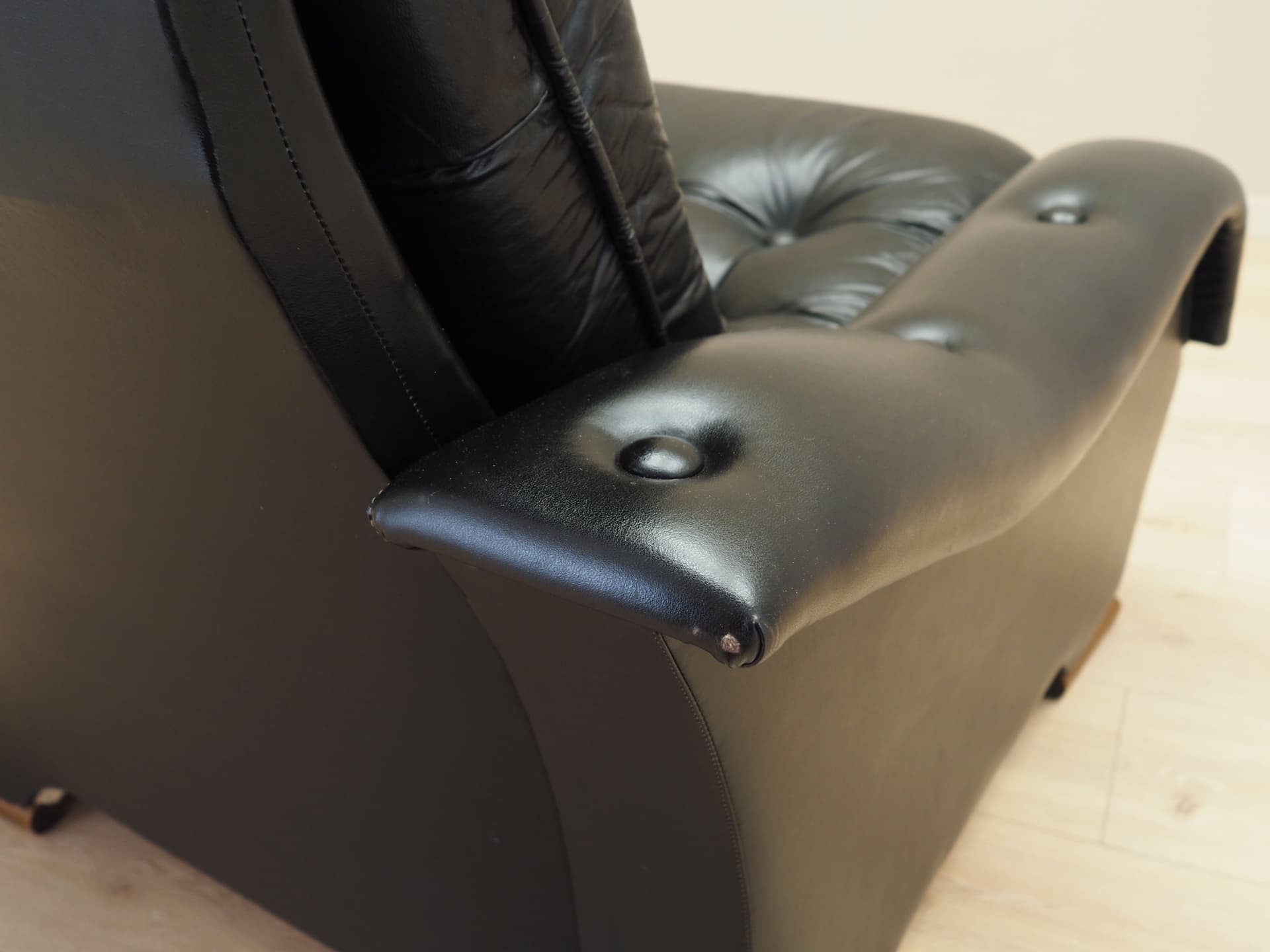 Armchair, postmodernist, black artificial leather, Italy, 1980s. - 66426