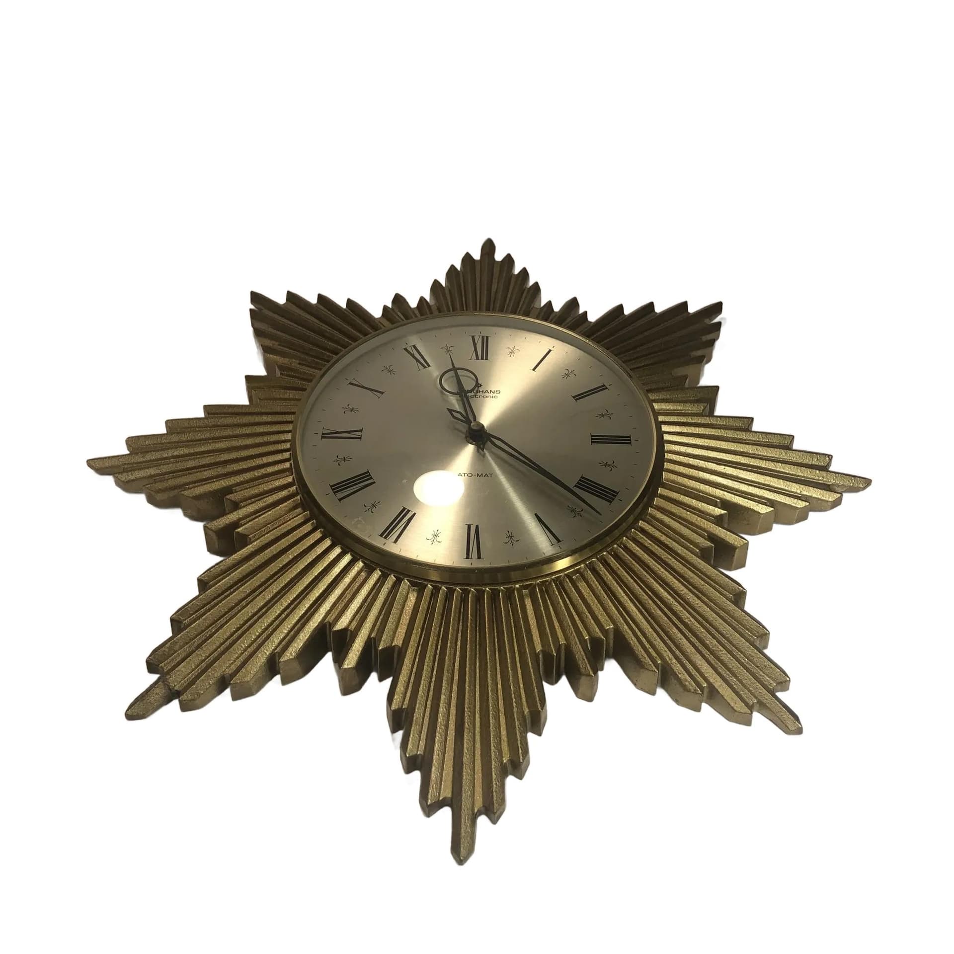 Zegar ścienny starburst, złoty, tworzywo, Junghans, Niemcy, lata 70.