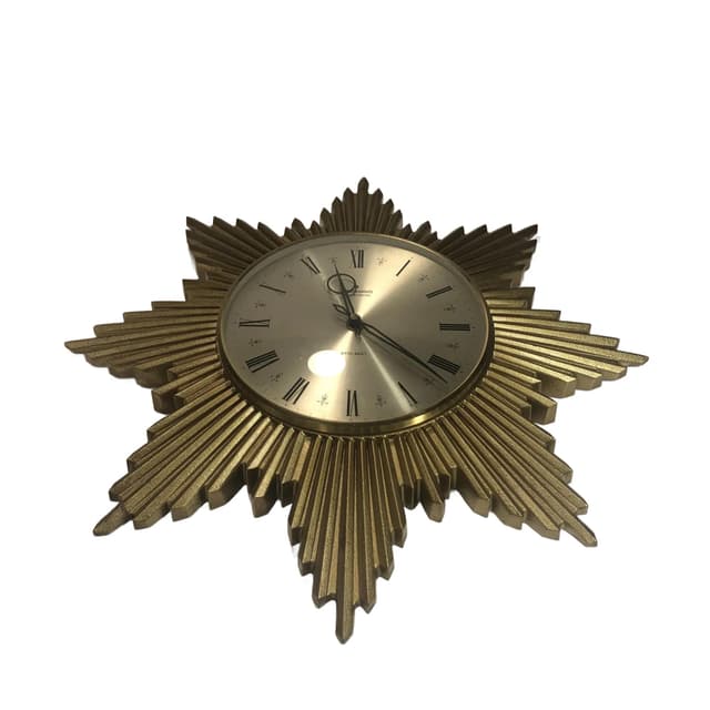 Zegar ścienny starburst, złoty, tworzywo, Junghans, Niemcy, lata 70. - WYMIARY