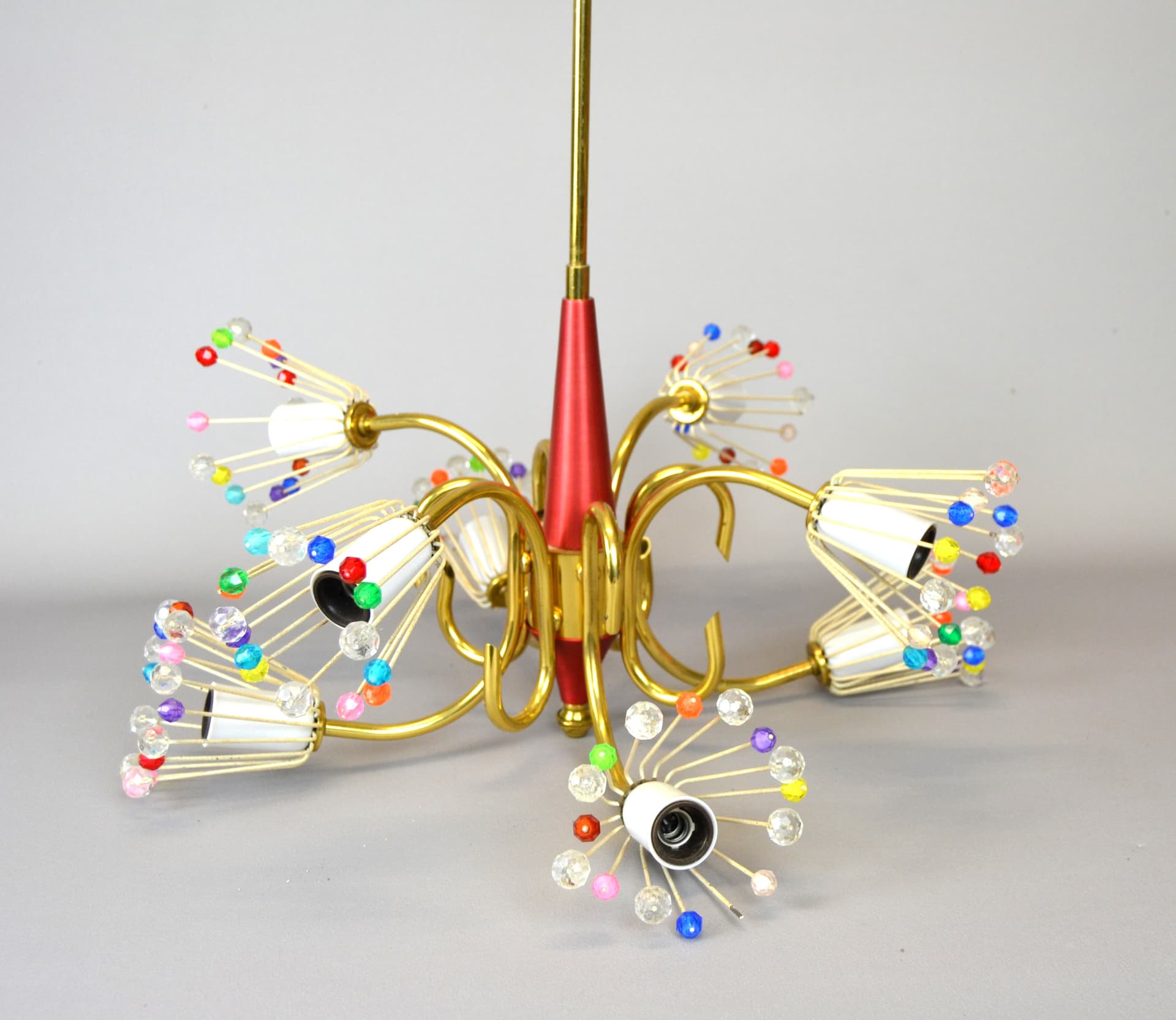Chandelier, multicolor, brass painted metal glass, by E. Stejnar, Austria, 1950s - 156