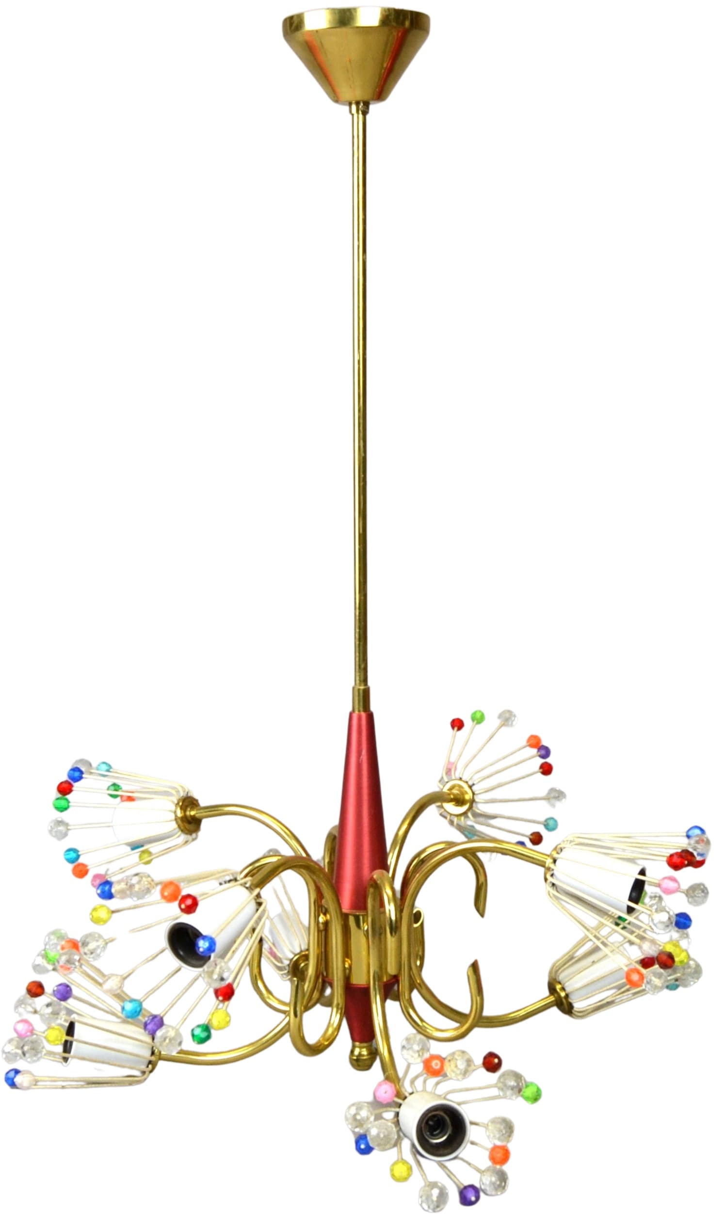 Chandelier, multicolor, brass painted metal glass, by E. Stejnar, Austria, 1950s