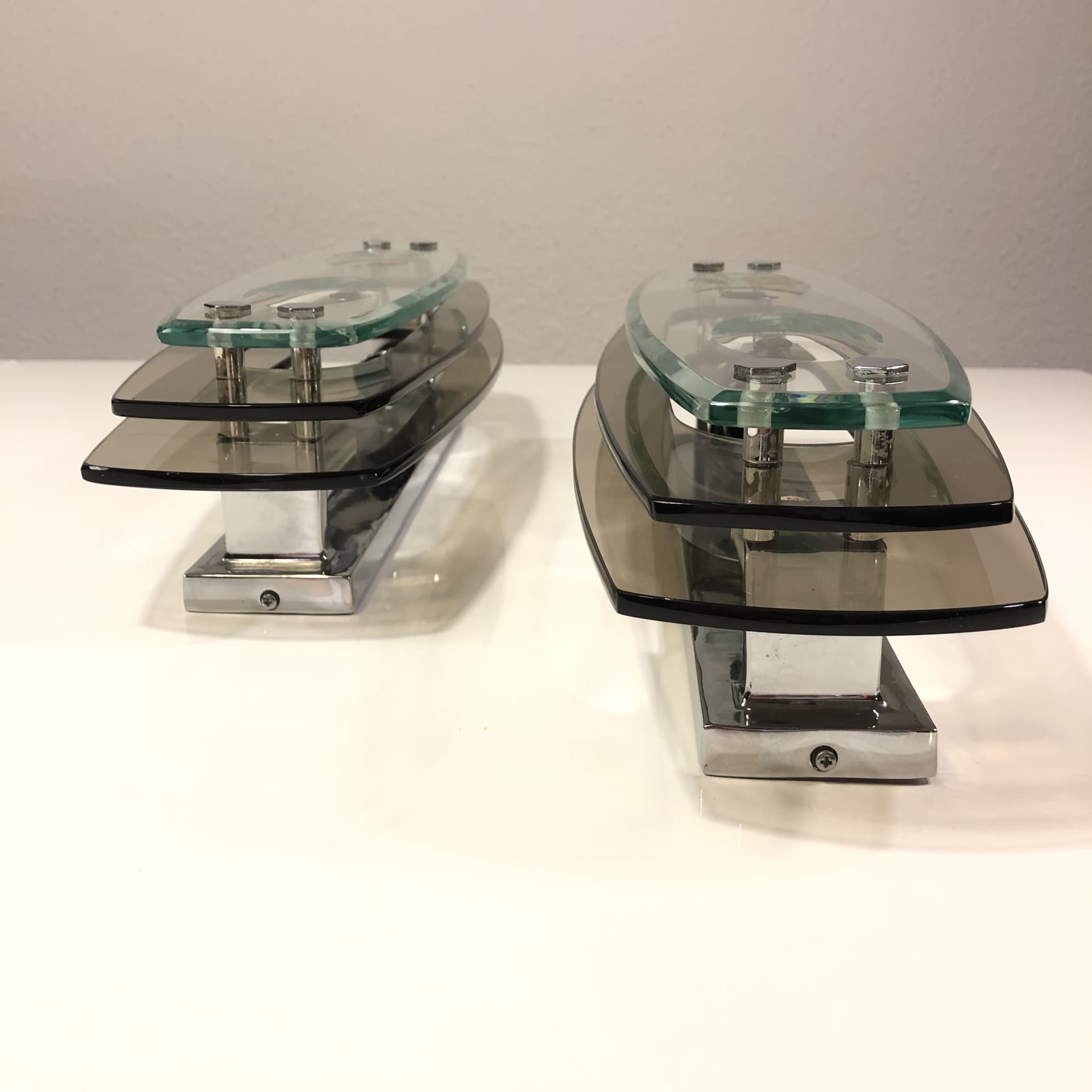 Para kinkietów ściennych, szkło dymione brązowe, stal chromowana, Włochy, lata 70. - 23882