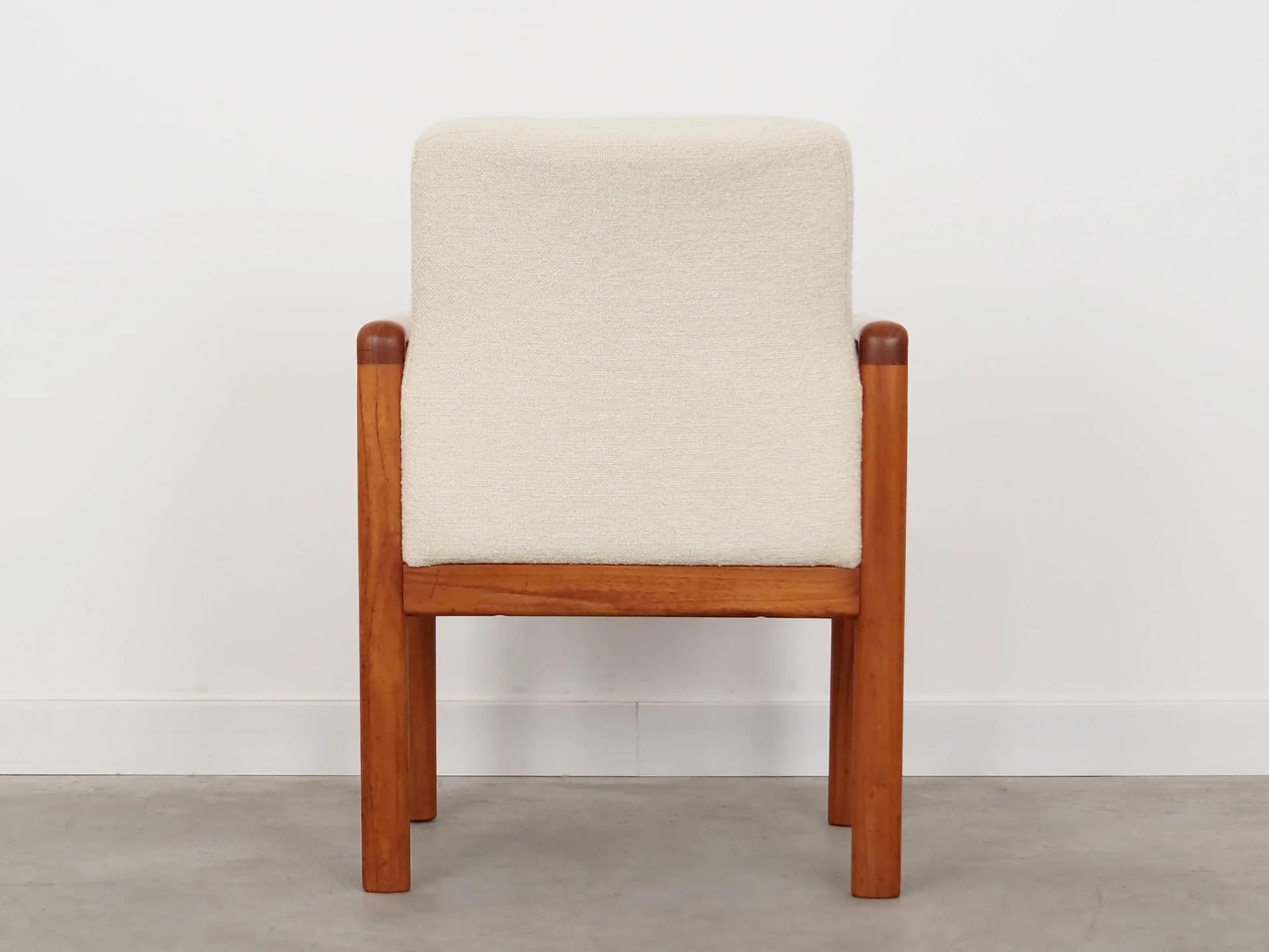 Armchair, ivory white boucle, teak, Denmark, 1970s. - 24012