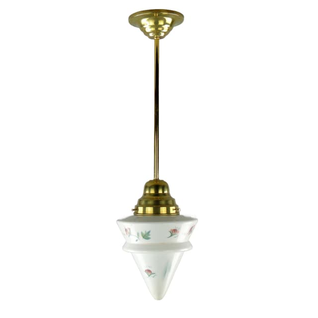 Lampa wisząca Art Deco, szkło białe, mosiądz, Polska, lata 20. - WYMIARY