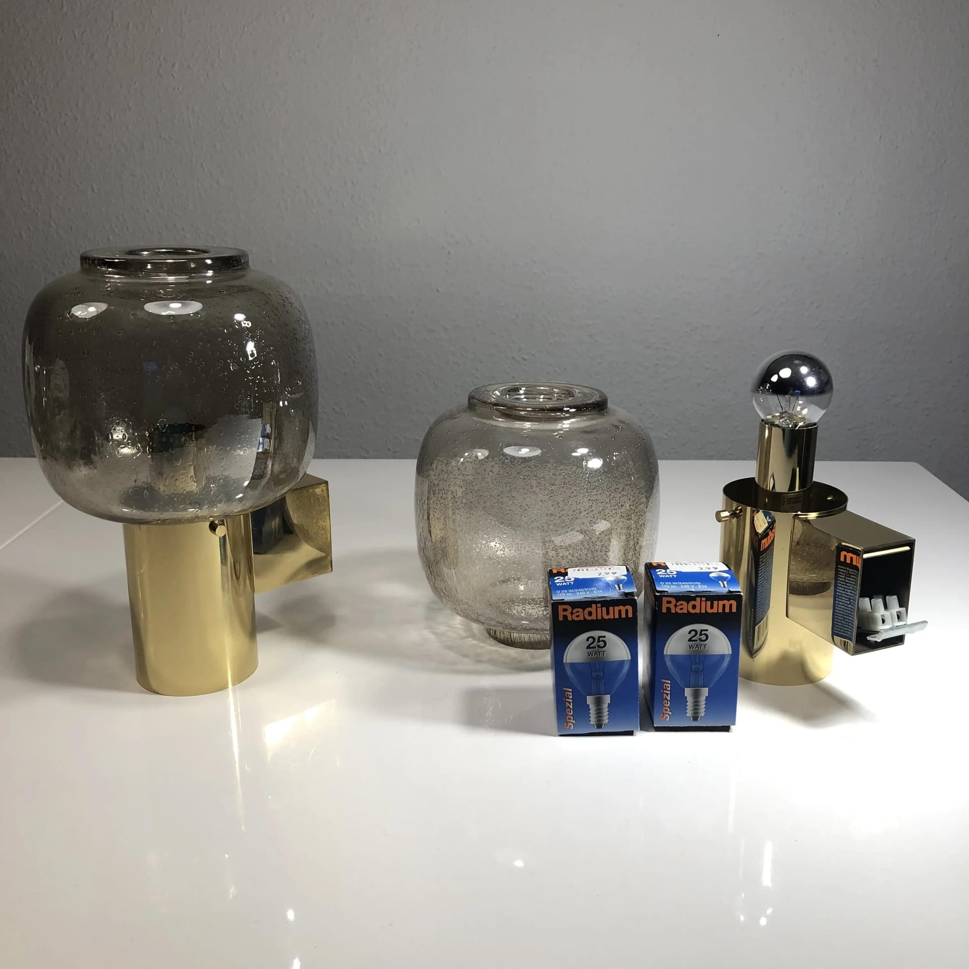 Pair of wall sconces, brass golden, glass, Glashutte Limburg, Germany, 1970s. - 24640