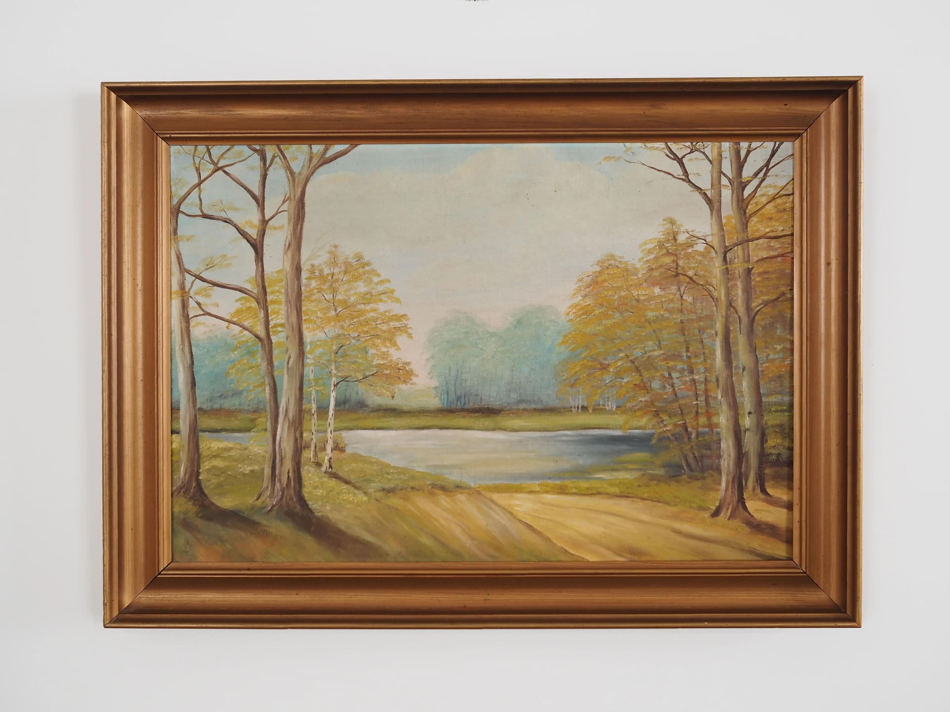 Painting Two Birches by the Pond, Scandinavian design, golden, canvas, wood, Poland, 1970s. - 25274