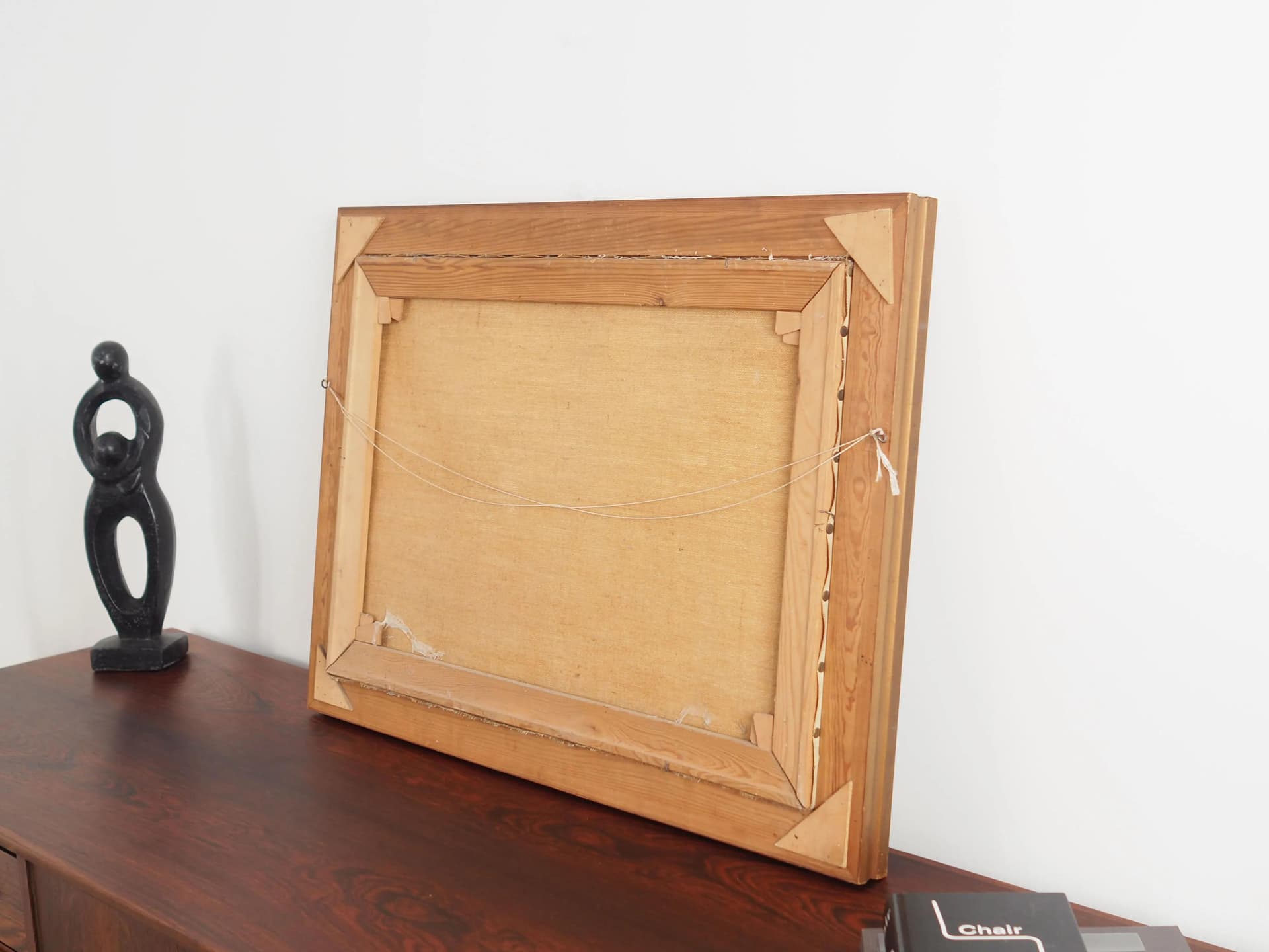 Painting Two Birches by the Pond, Scandinavian design, golden, canvas, wood, Poland, 1970s. - 25267