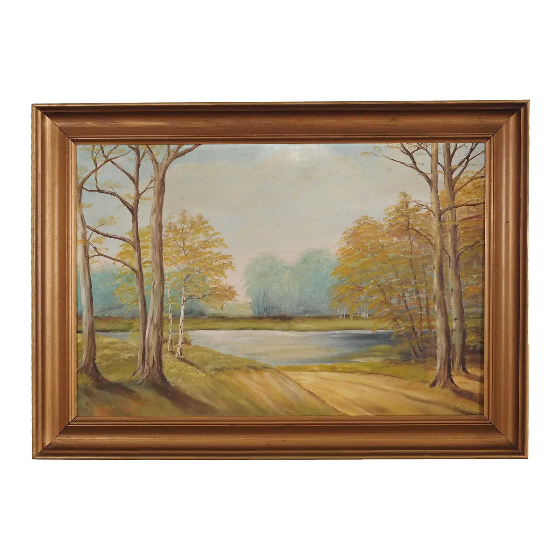 Painting Two Birches by the Pond, Scandinavian design, golden, canvas, wood, Poland, 1970s.