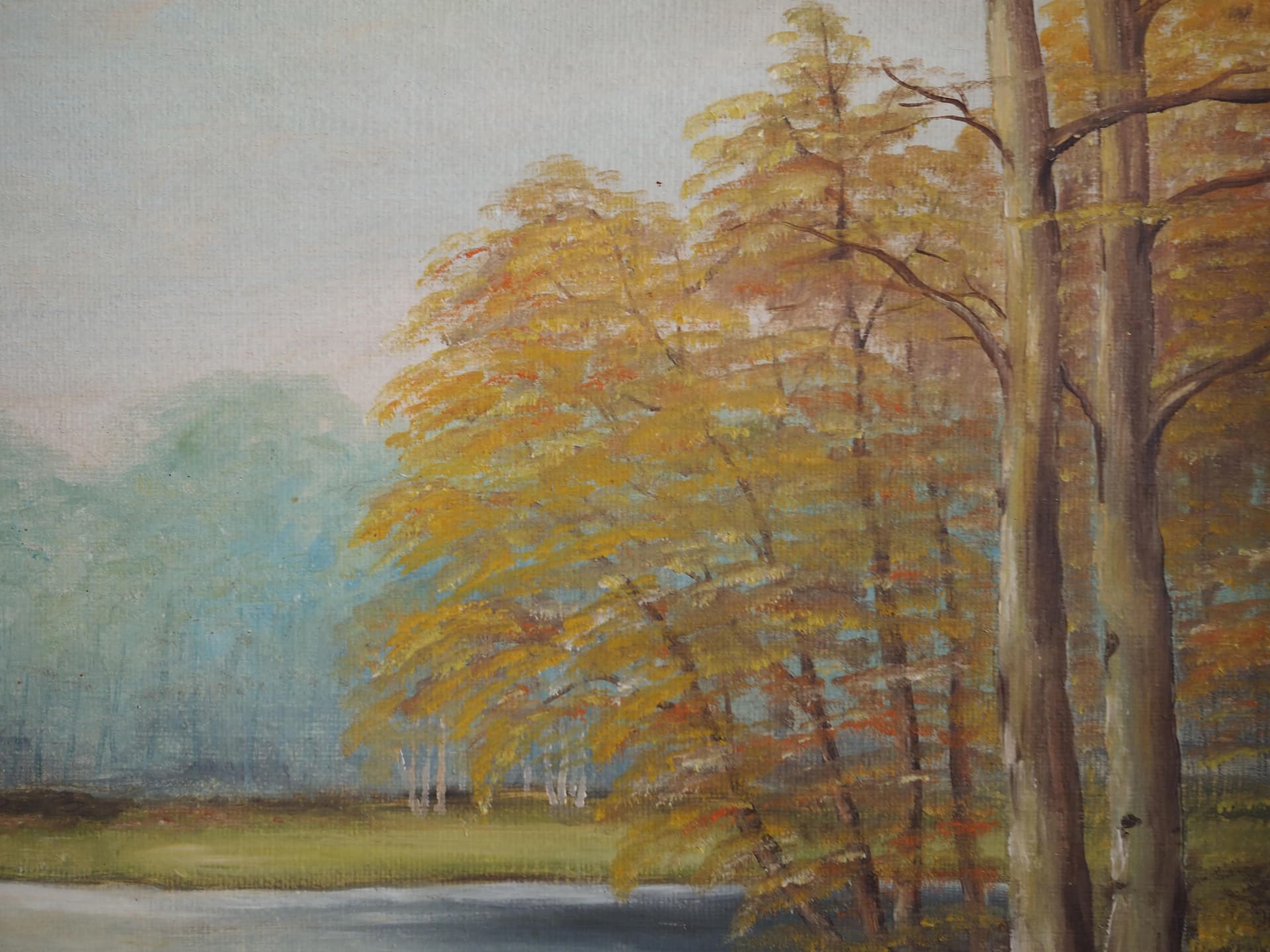Painting Two Birches by the Pond, Scandinavian design, golden, canvas, wood, Poland, 1970s. - 25275