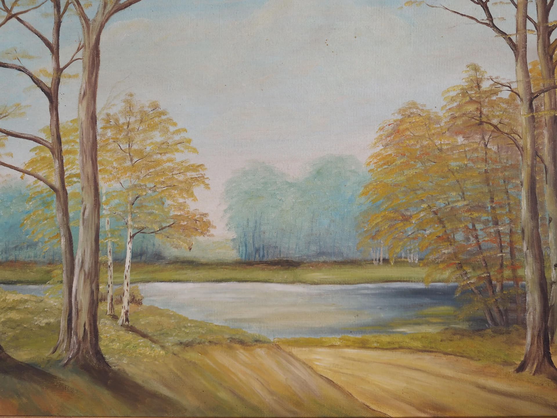 Painting Two Birches by the Pond, Scandinavian design, golden, canvas, wood, Poland, 1970s. - 25271