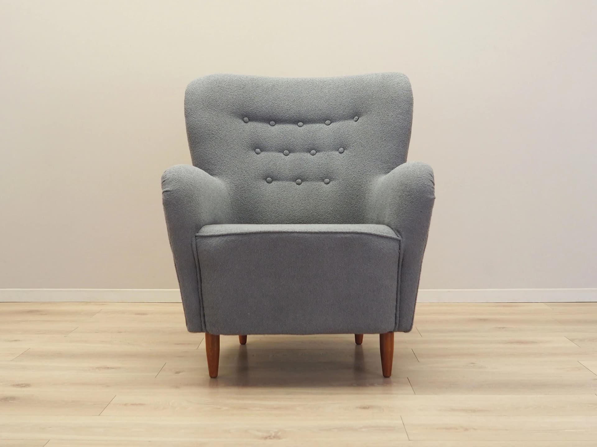 Scandinavian Armchair, grey fabric, wood, Denmark, 1950s. - 25827