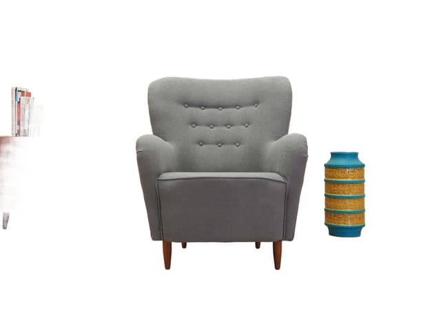 Scandinavian Armchair, grey fabric, wood, Denmark, 1950s. - DIMENSION