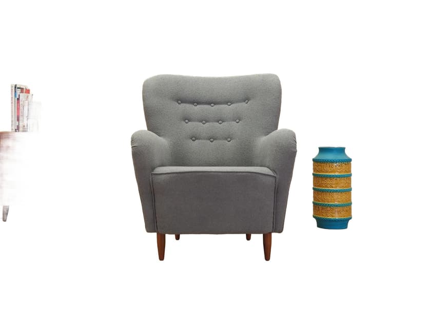 Scandinavian Armchair, grey fabric, wood, Denmark, 1950s.