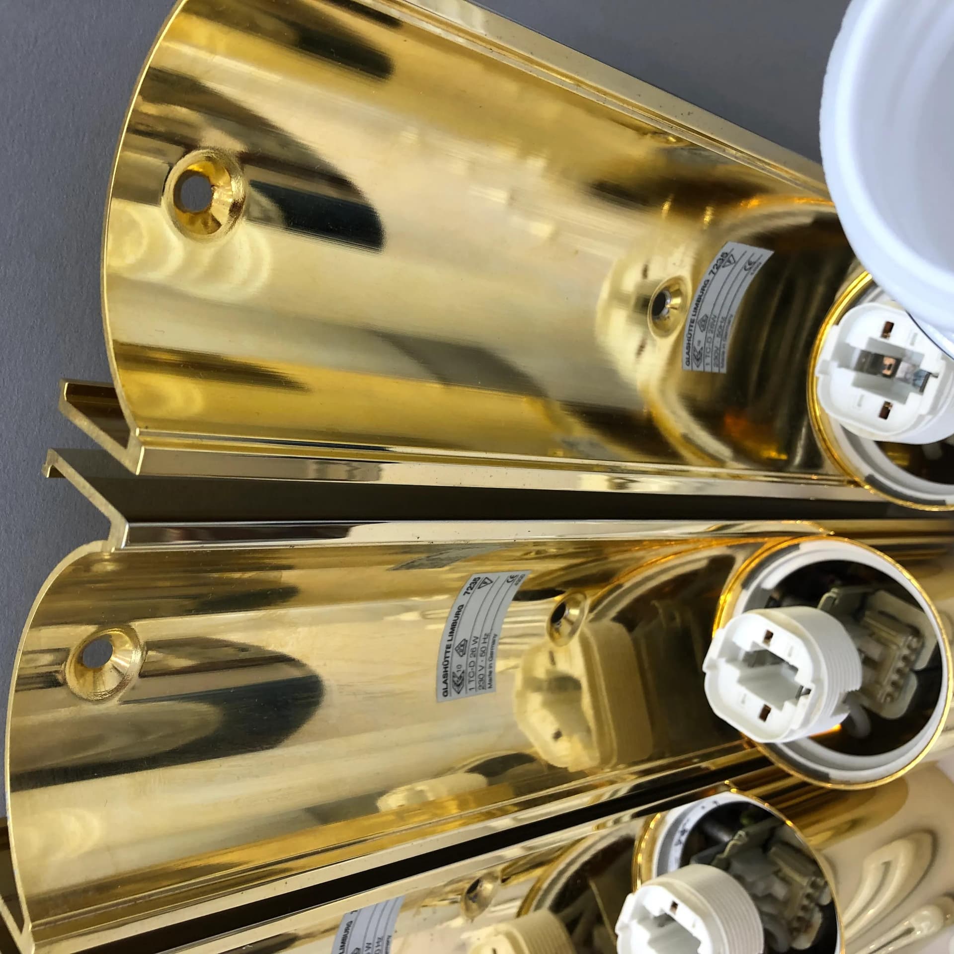Set of wall sconces 7235, golden aluminum, opaline glass, Glashütte Limburg, Germany, 1990s. - 25750