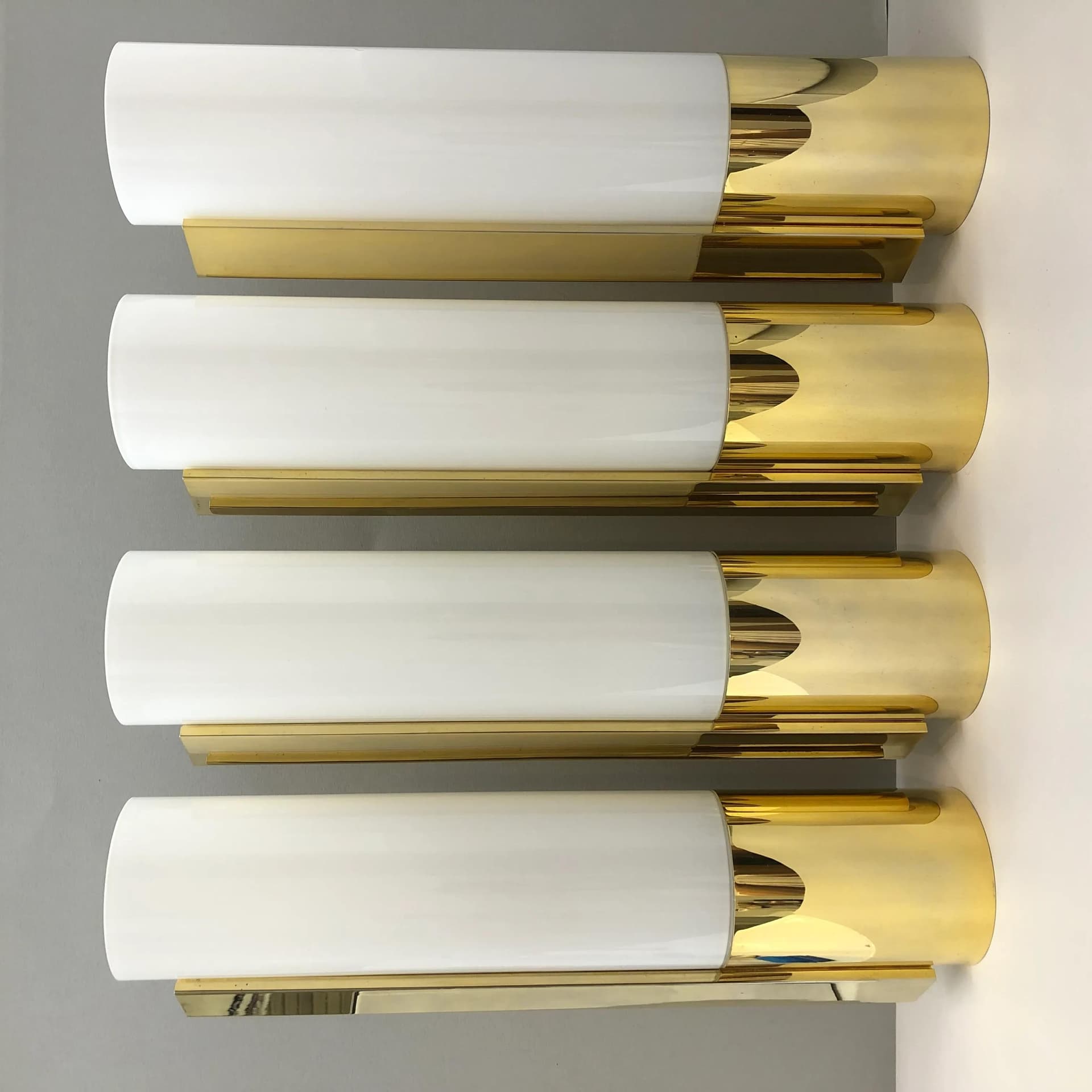 Set of wall sconces 7235, golden aluminum, opaline glass, Glashütte Limburg, Germany, 1990s. - 25752