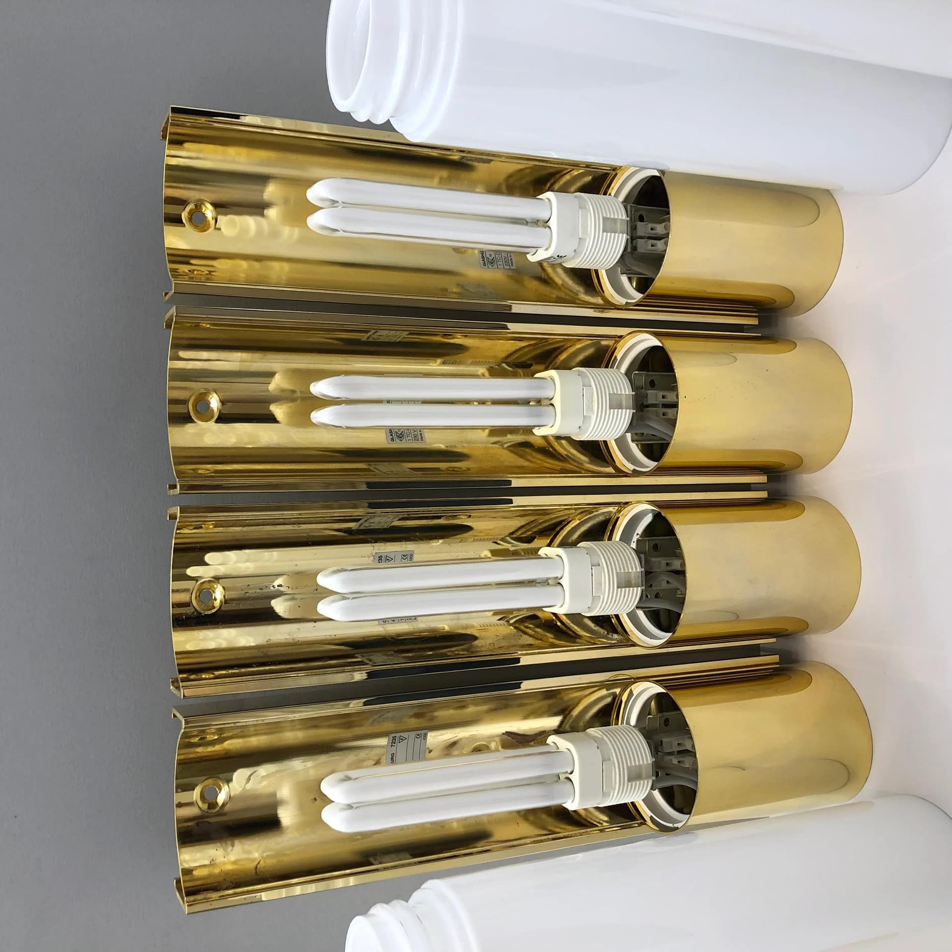 Set of wall sconces 7235, golden aluminum, opaline glass, Glashütte Limburg, Germany, 1990s. - 25751