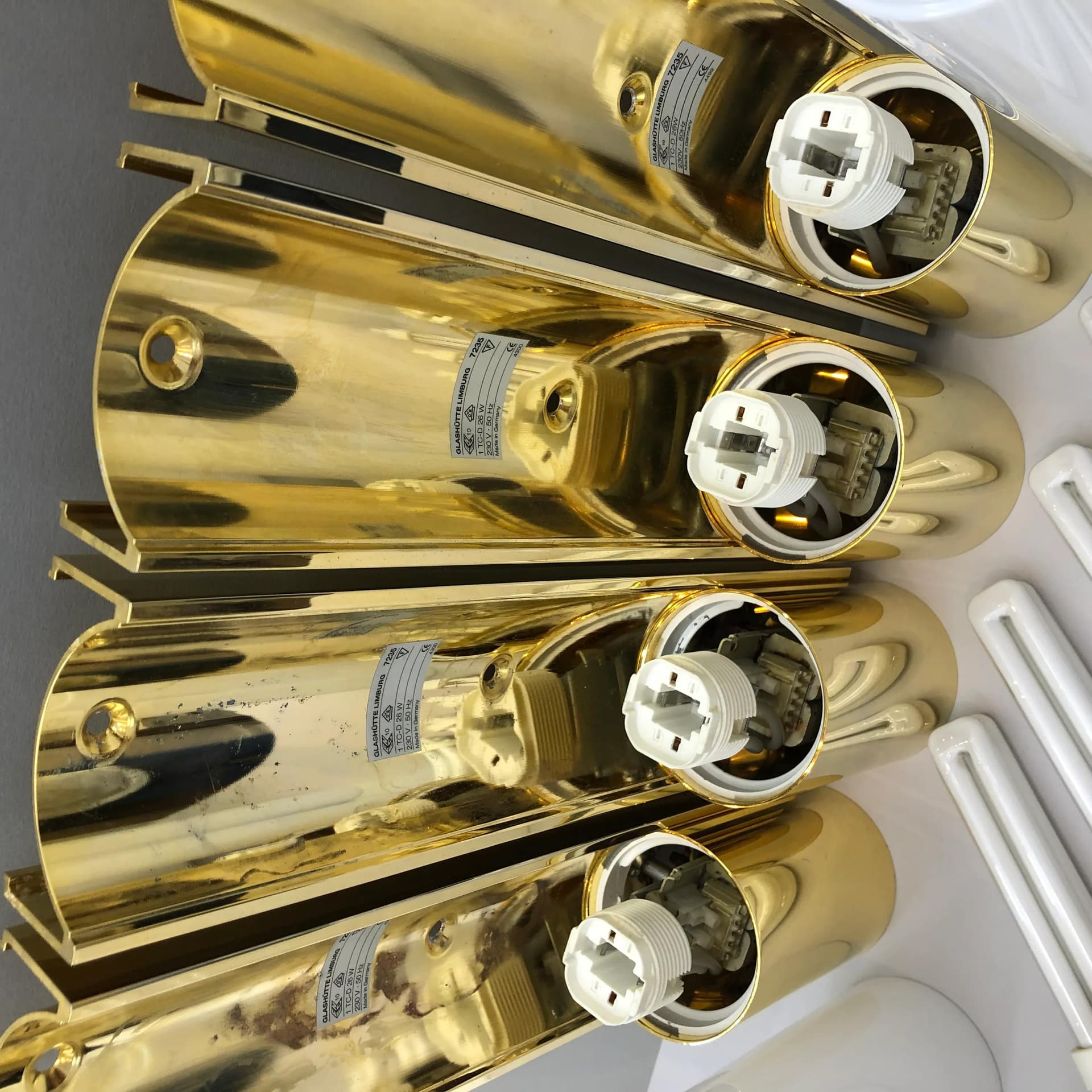 Set of wall sconces 7235, golden aluminum, opaline glass, Glashütte Limburg, Germany, 1990s. - 25748