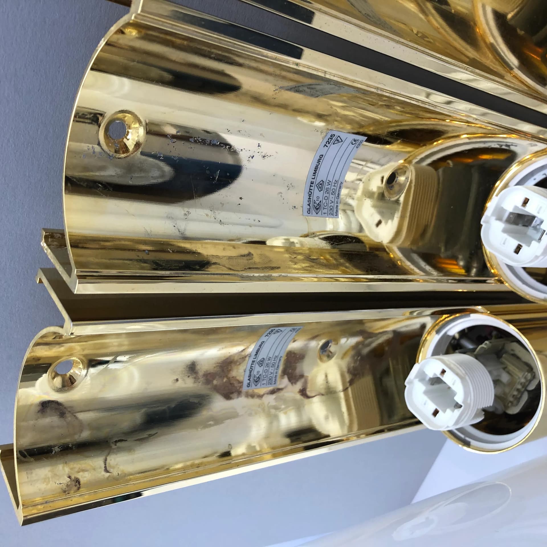 Set of wall sconces 7235, golden aluminum, opaline glass, Glashütte Limburg, Germany, 1990s. - 25749