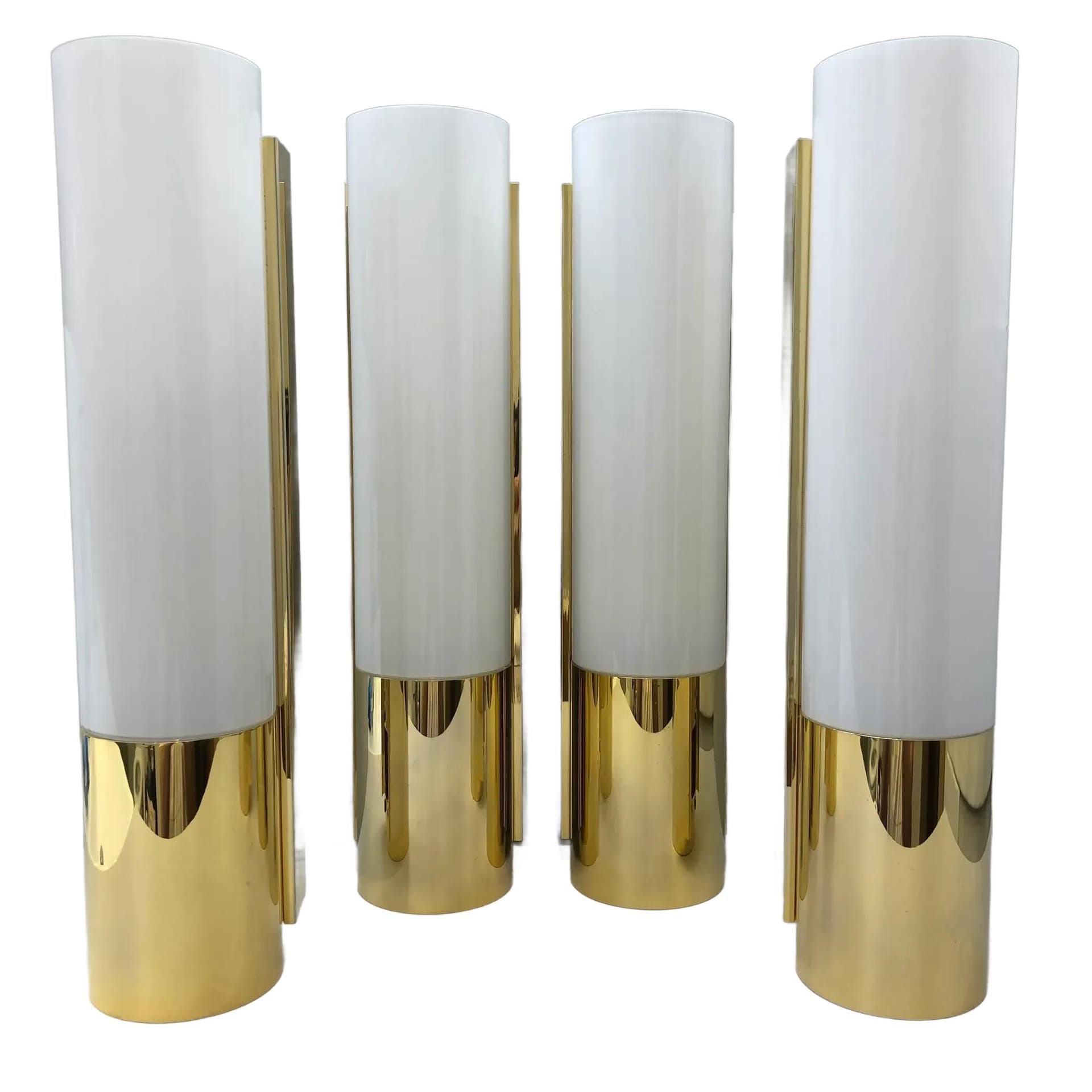 Set of wall sconces 7235, golden aluminum, opaline glass, Glashütte Limburg, Germany, 1990s.