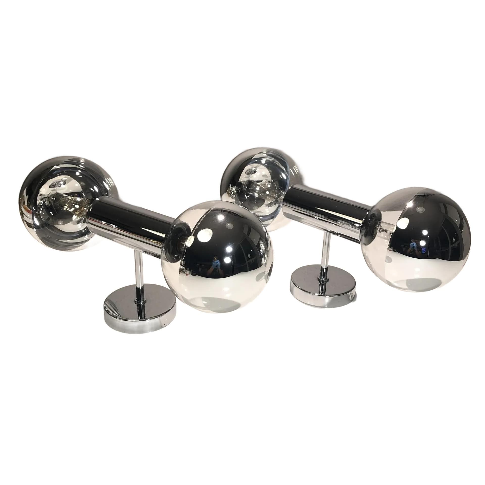 Pair of sconces Space Age, chrome silver metal, glass, by M. Ishi, Staff Leuchten, Germany, 1970s.