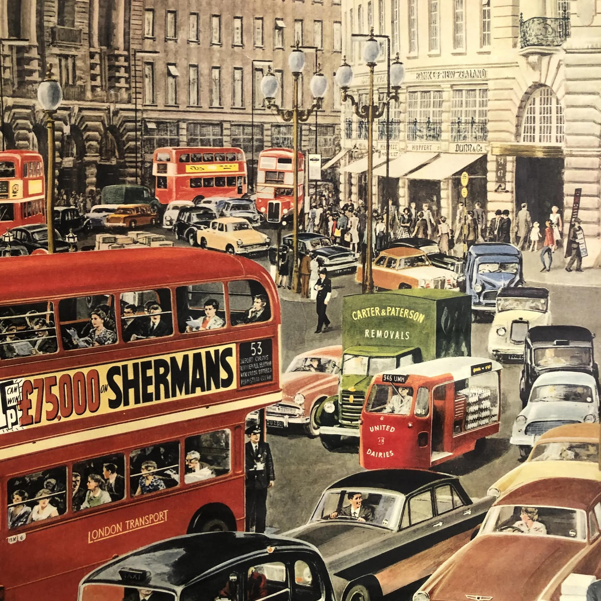 Educational Wall Chart Piccadilly Circus, multicolor paper, by E. Melcher, Germany, 1960s. - 26205