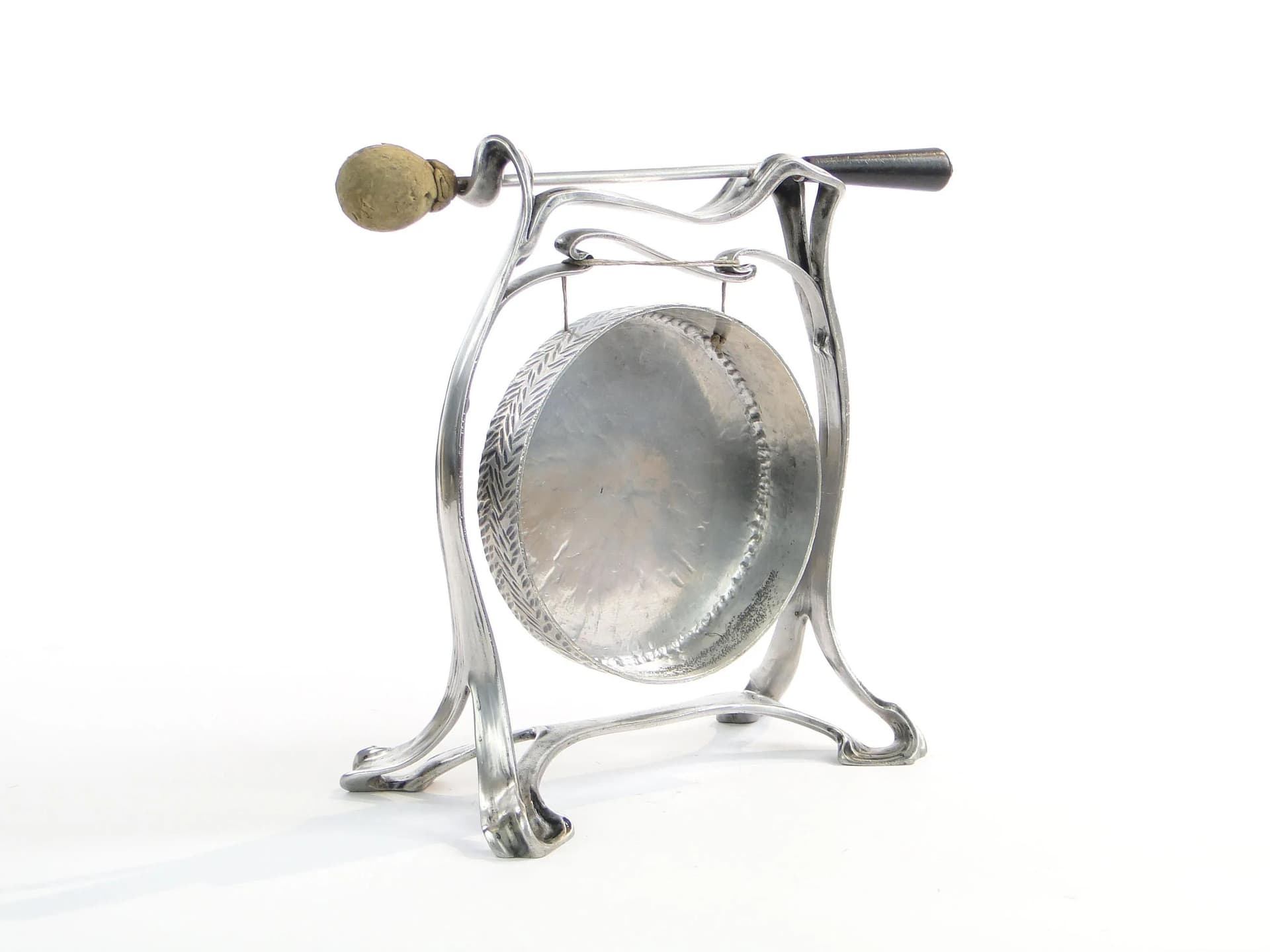 Gong stołowy secesyjny, srebrny, mosiądz, Krupp Berndorf, Niemcy, początek XX w. - 26279