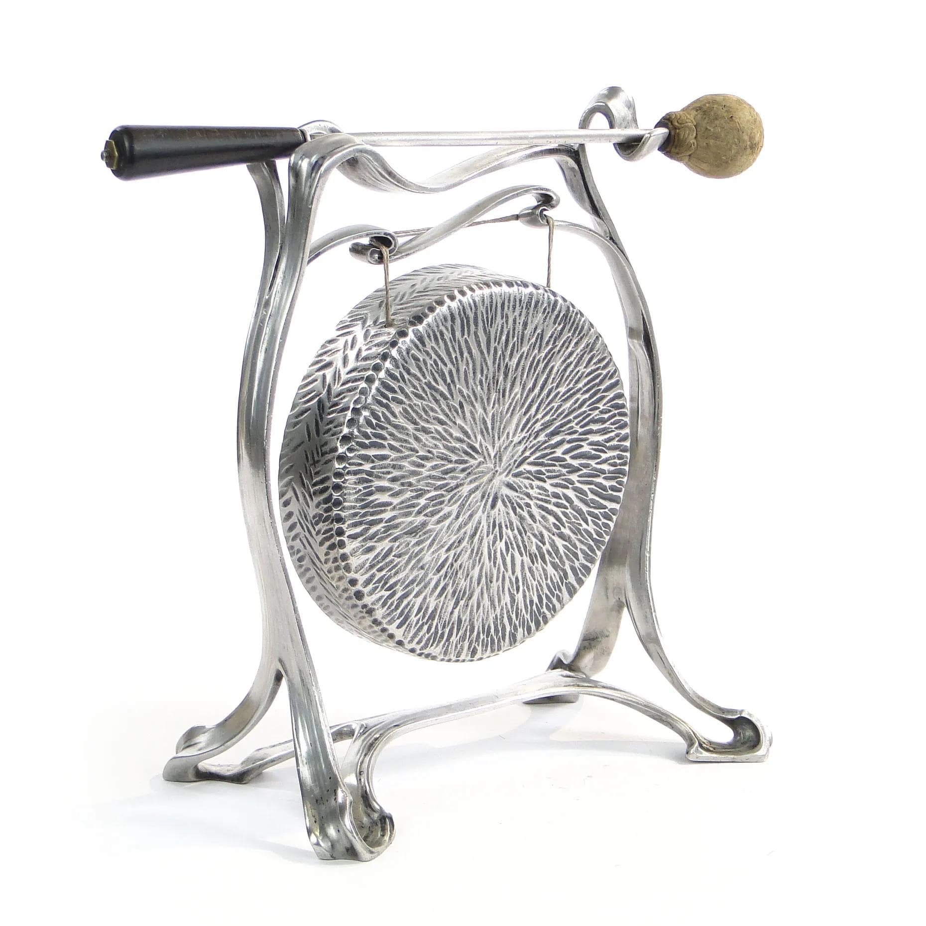 Gong stołowy secesyjny, srebrny, mosiądz, Krupp Berndorf, Niemcy, początek XX w. - 26273