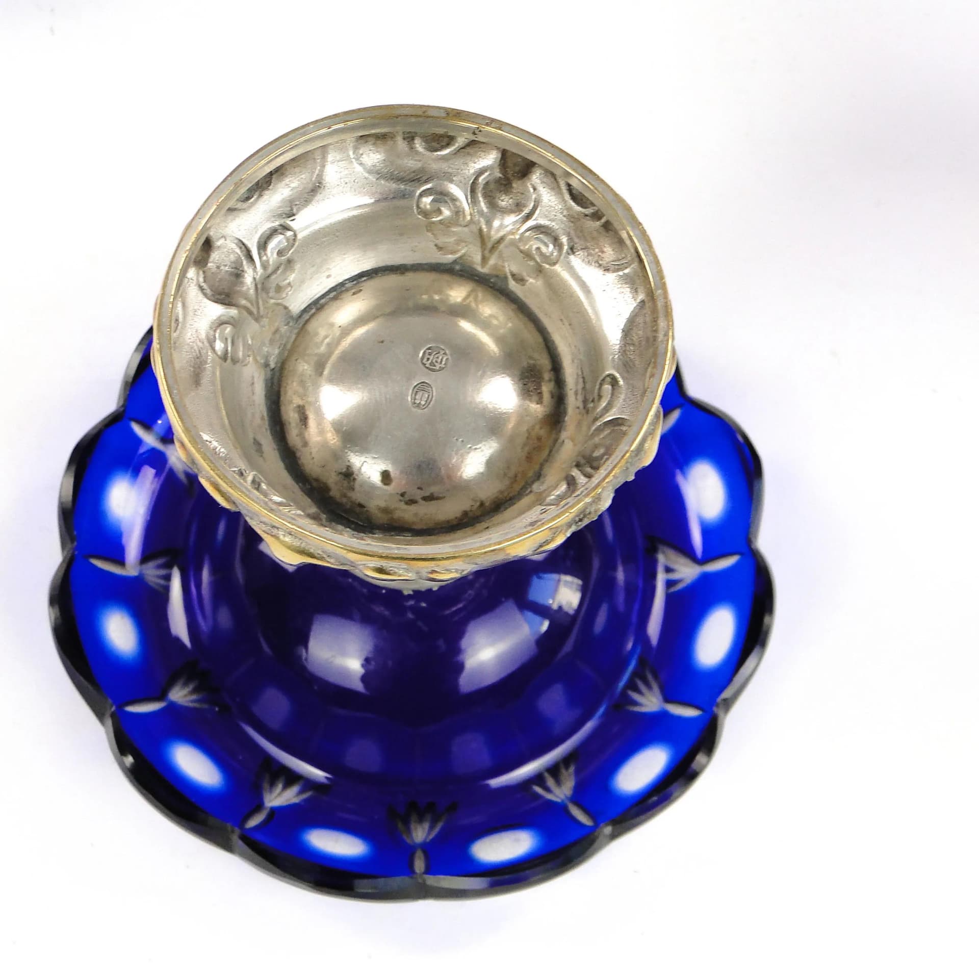 Pair of Biedermeier compotes, cobalt glass, silver-plated brass, Denmark, early 20th c. - 26266