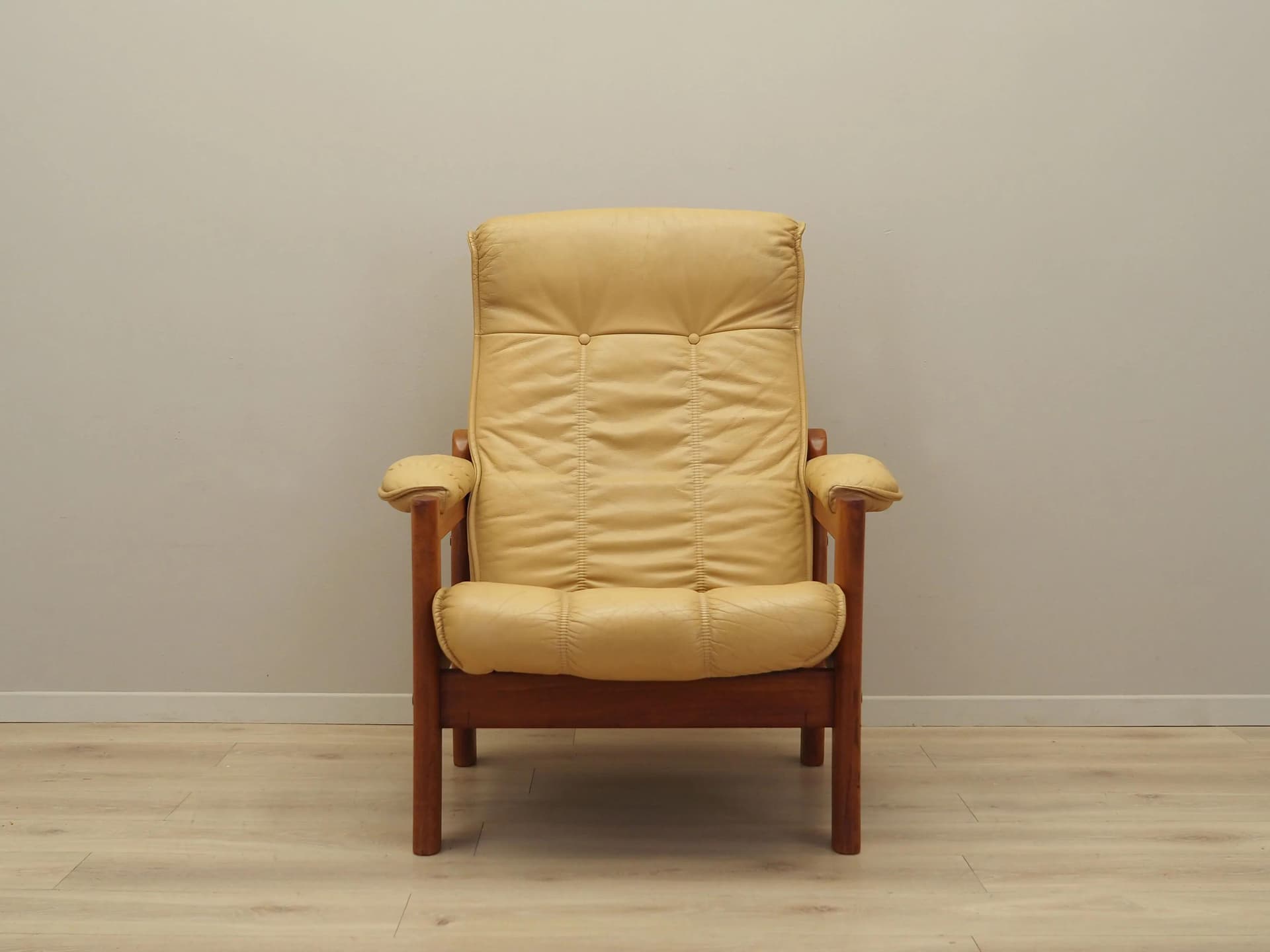 Armchair, yellow leather, teak, Denmark, 1960s - 26304