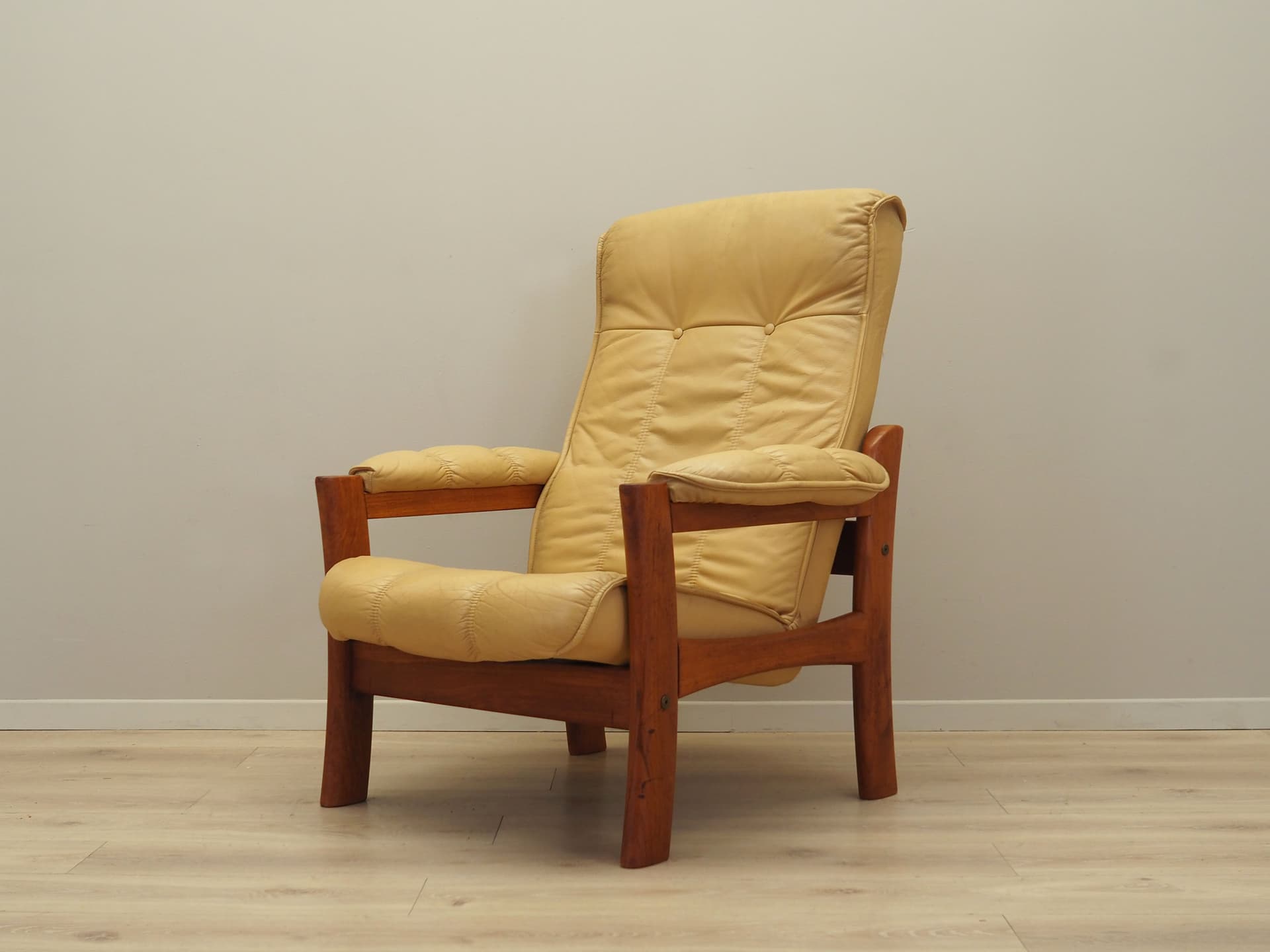 Armchair, yellow leather, teak, Denmark, 1960s - 66234